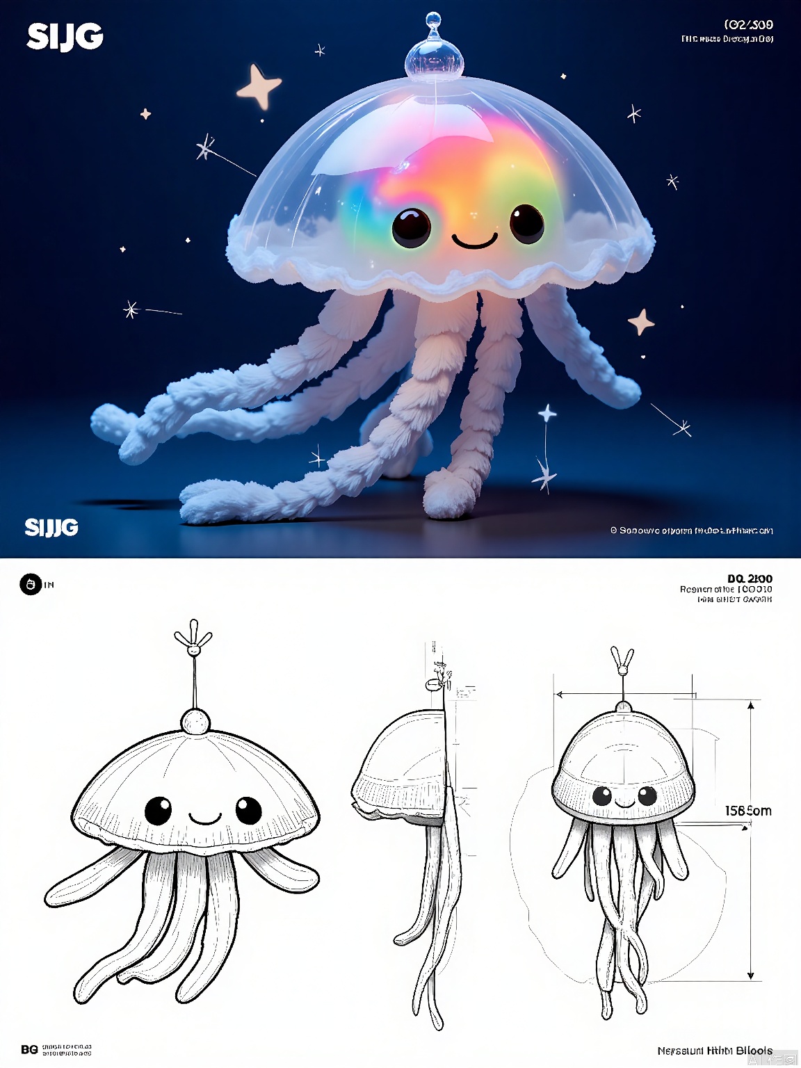 SJG, 
A digital depiction of a strange plush animal with a translucent, jellyfish-like body filled with swirling colors, long tentacles trailing behind, and a small crown-like structure on top. The animal is presented in various poses: floating, gently pulsating, and from a bottom-up view. The illustration comprises a 3D model view, an intricate line drawing focusing on its ethereal beauty, and a full-body sketch. The animal has a mesmerizing and otherworldly design, outlined in a soft white line with minimal shading to maintain its transparency. The background is a deep navy blue, dotted with stars, creating an underwater atmosphere suitable for a marine-themed toy or decorative item.
