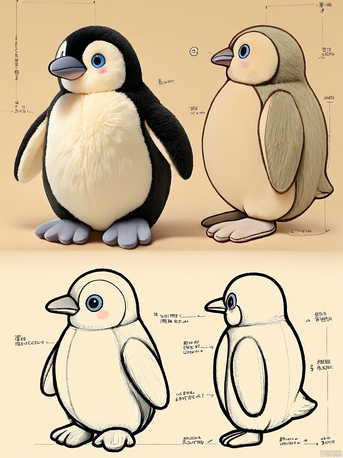 SJG, A digital rendering of a quirky cartoon penguin with a black and white tuxedo-like appearance, a round belly, and a waddle of short legs. The penguin is depicted in various stances: sliding on its belly, standing proudly, and from a side profile. The illustration encompasses a 3D model view, a meticulous line drawing emphasizing its comical expression, and a complete body sketch. The penguin has a cute and humorous design, outlined in a bold black line with subtle shading to add volume. The background is a cool blue, representing icy waters, making the illustration suitable for a winter-themed toy or children's book.
