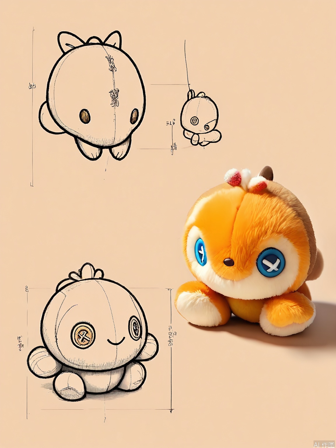 SJG, A digital illustration of a quirky plush creature with a patchwork body made of different fabrics, mismatched button eyes, and a pair of oversized mittens for hands. The creature is shown in multiple postures: waving, hugging itself, and from a back view showing its stitched seams. The artwork includes a 3D model perspective, a detailed line drawing highlighting its handmade charm, and a full-body sketch. The creature features a cute and homemade design, outlined in a warm brown line with light shading to add texture. The background is a cream-colored fabric texture, providing a cozy setting suitable for a handmade toy or craft project.

