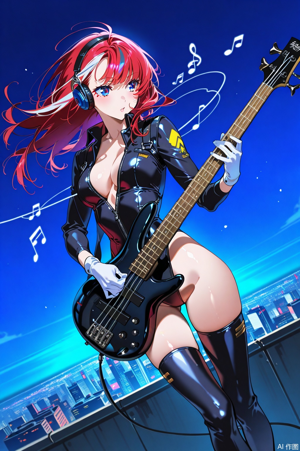 (1woman playing bass guitar),solo,standing,dynamic pose,dynamic angle,beautiful eyes,wind,streaked long hair,glossy leather long Sleeve,Open collar,shiny sliver bare hip unzipped cutouts on sides leotard,white gloves,lovestruck,headphone,thighboots,swirling musical notes,cityscape,horizon,cyberpunk,textures,detailed texture,very detailed face,masterpiece,best quality,good quality,very aesthetic,newest,
artist:yoneyama mai