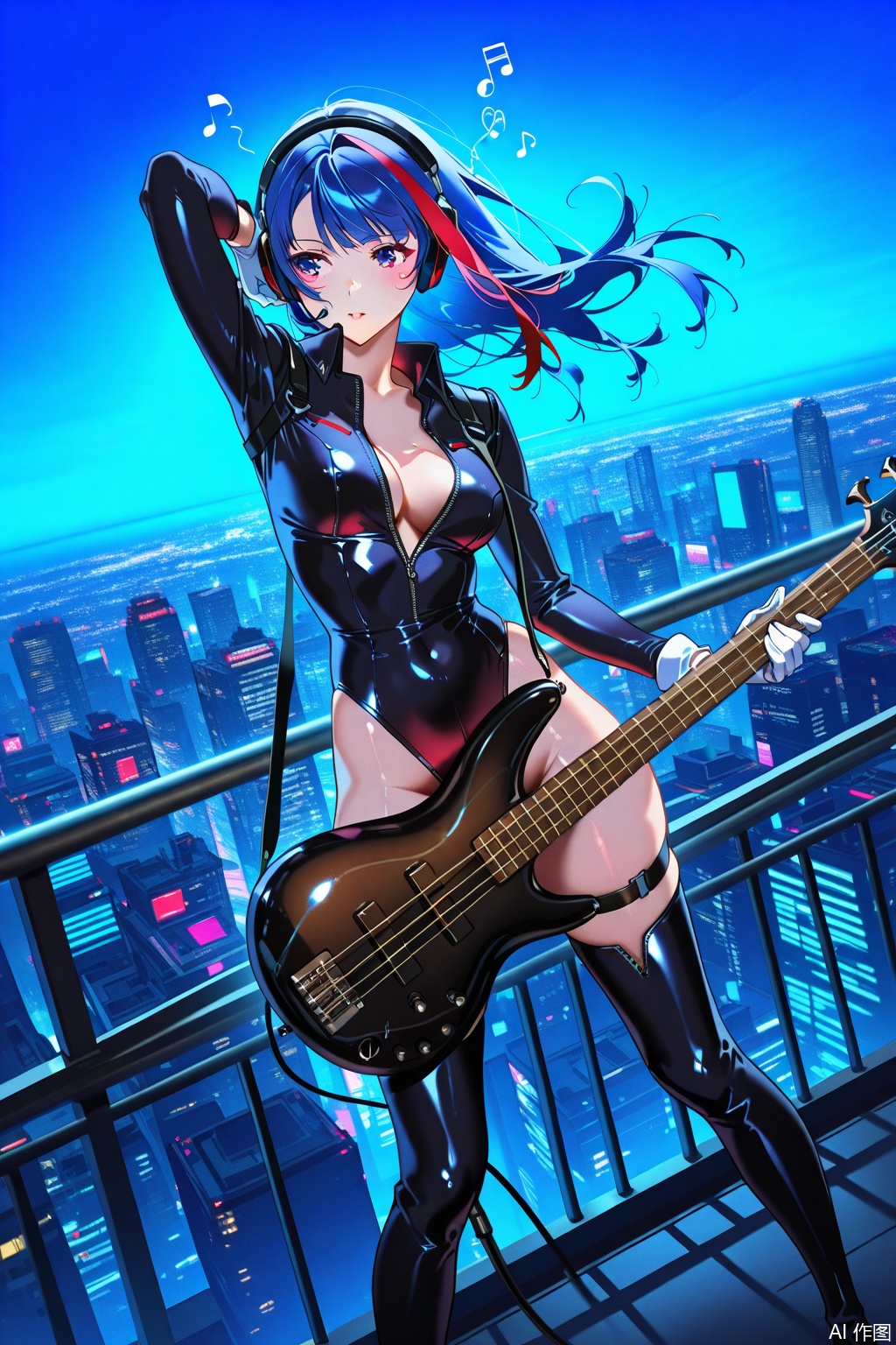 (1woman playing bass guitar),solo,standing,dynamic pose,dynamic angle,beautiful eyes,wind,streaked long hair,glossy leather long Sleeve,Open collar,shiny sliver bare hip unzipped cutouts on sides leotard,white gloves,lovestruck,headphone,thighboots,swirling musical notes,cityscape,horizon,cyberpunk,textures,detailed texture,very detailed face,masterpiece,best quality,good quality,very aesthetic,newest,
artist:yoneyama mai