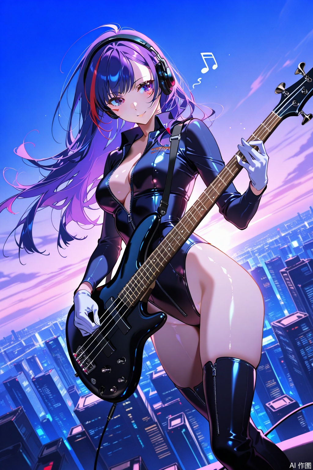 (1woman playing bass guitar),solo,standing,dynamic pose,dynamic angle,beautiful eyes,wind,streaked long hair,glossy leather long Sleeve,Open collar,shiny sliver bare hip unzipped cutouts on sides leotard,white gloves,lovestruck,headphone,thighboots,swirling musical notes,cityscape,horizon,cyberpunk,textures,detailed texture,very detailed face,masterpiece,best quality,good quality,very aesthetic,newest,
artist:yoneyama mai