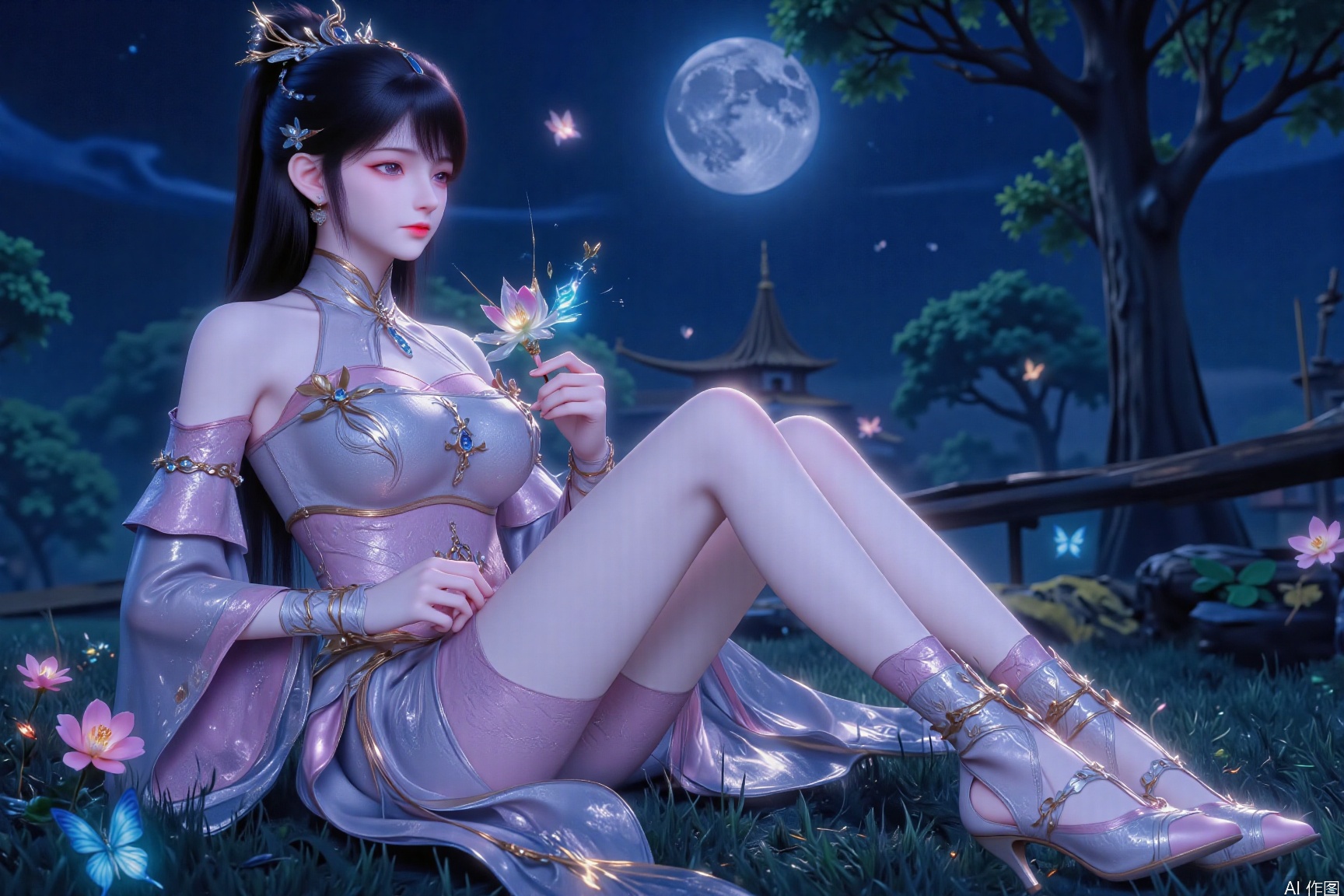 A girl, with long black hair, thin eyebrows, light eye makeup, pink lips, round face, cherry mouth, hair is folded up, no accessories between hair, golden delicate little earrings, small gemstone inlaid, silver-white short-sleeved cheongsam without any pattern decoration, with a neckline exposed, deep V, silver-ringed round-shaped exquisite jewelry on her arms, cheongsam slit, revealing white and tender legs, delicate skin, no flaws, and a pair of pink and white high heels, with golden small accessories on her feet There are silver lines intertwined, and colorful glitter powder on the surface of the shoes adds a bit of beauty. There are pearl chains intertwined at the ankles. The background is in a black forest. There are round moons in the sky and towering trees around them. There are many fireflies around the girl. There are all kinds of flowers blooming on the ground. The grass is lush and colorful butterflies are flying, adding colorful light to the picture. The girl is sitting on the ground, holding a glowing bright flower in her hand. The overall realistic style