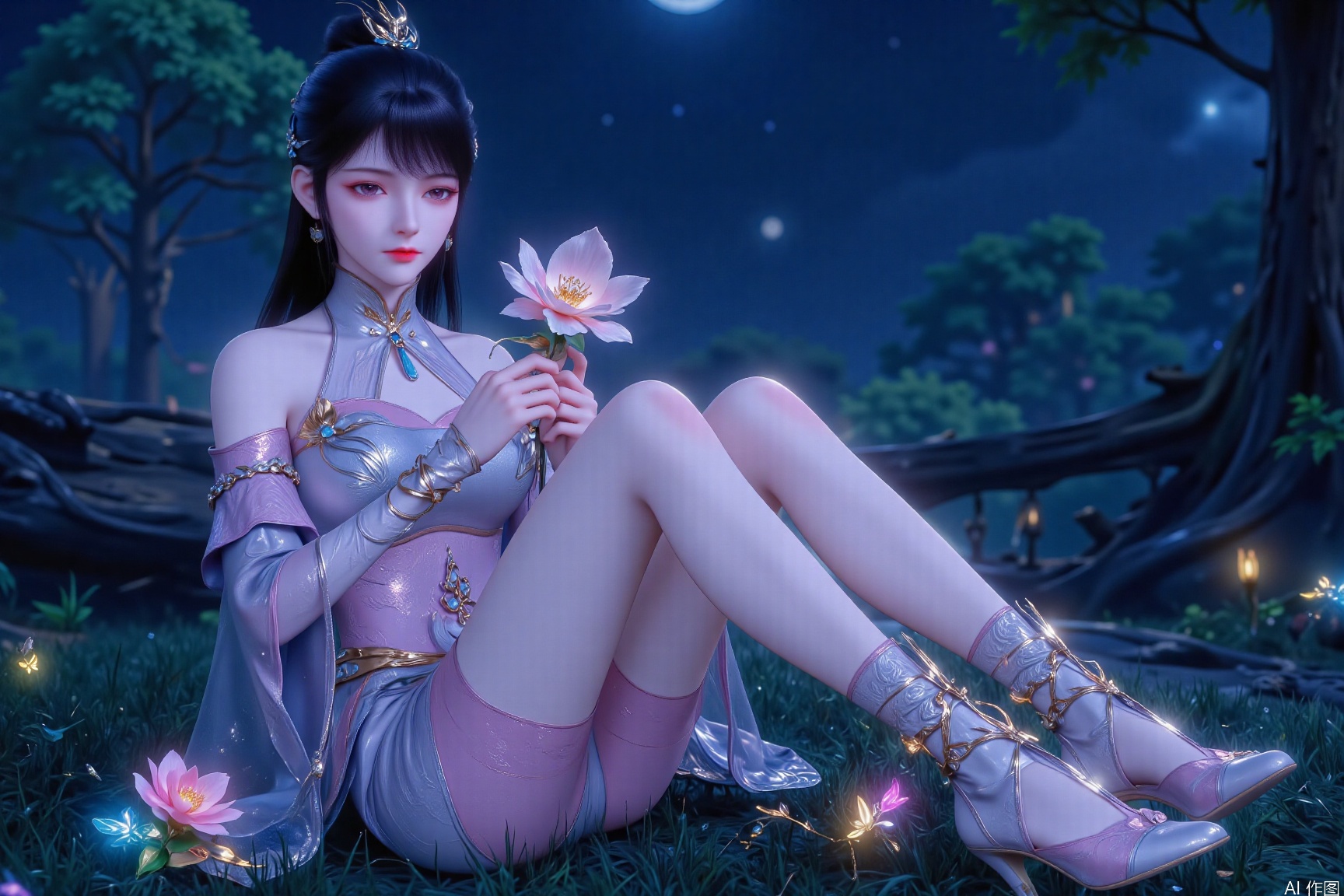 A girl, with long black hair, thin eyebrows, light eye makeup, pink lips, round face, cherry mouth, delicate face, folded hair, no accessories in between, golden delicate little earrings, small gems inlaid, silver-white short-sleeved cheongsam without any pattern decoration, with a neckline exposed, deep V, silver-ringed round-shaped exquisite jewelry on her arms, cheongsam slit, revealing white and tender legs, delicate skin, no flaws, and a pair of pink and white high heels, with golden small accessories on her feet There are silver lines intertwined, colorful starlight is embedded on the surface of the shoe, adding a bit of beauty, there are pearl chains staggered at the ankles, the background is in a black forest, there are round moons in the sky, and there are realistic and tall towering trees around the girl. There are many fireflies around the ground, and various flowers are blooming on the ground, the grass is lush, and colorful butterflies are flying, adding colorful light to the picture. The girl is sitting on the ground, holding a glowing bright flowers in her hand, the overall realistic style