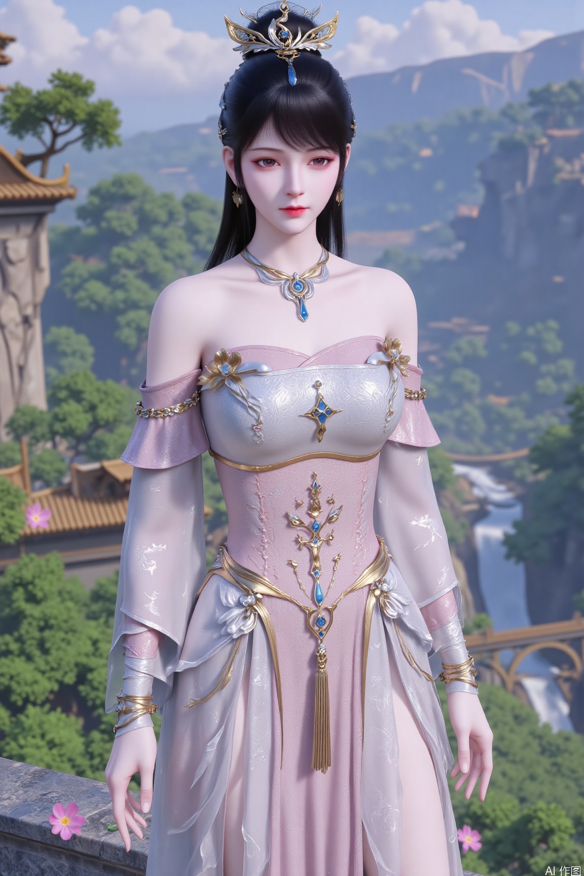 The image depicts a digitally rendered character standing in a scenic outdoor setting. The character is dressed in an elaborate, white, form-fitting outfit adorned with gold accents and floral patterns. She has long, dark hair styled in a high bun, and her attire includes ornate jewelry such as earrings and a headpiece. The background features a picturesque landscape with lush greenery, rocky cliffs, and a river flowing through the valley. There are also pink flowers scattered around, adding to the serene and ethereal atmosphere of the scene.