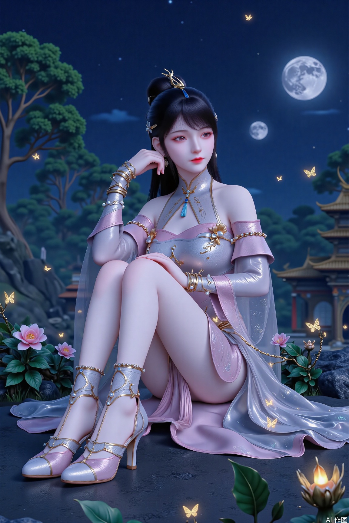 A girl, with long black hair, thin eyebrows, light eye makeup, pink lips, round face, cherry mouth, hair is folded up, no accessories between hair, golden delicate small earrings, small gemstone inlaid, silver-white short-sleeved cheongsam without any pattern decoration, with a neckline exposed, deep V, silver-ringed round-shaped ornament on her arms, the cheongsam is slit, revealing white and tender legs, delicate skin, no flaws, and a pair of pink and white high heels, with small golden The jewelry, with silver lines intertwined, and the colorful glitter powder on the surface of the shoe, adding a bit of beauty. There are pearl chains intertwined at the ankles. The background is in a black forest. There are round moons in the sky, and there are realistic and tall towering trees around. There are many fireflies around the girl, which adds brightness to the picture. There are all kinds of flowers blooming on the ground, with lush grass and butterflies flying. The girl sits on the ground, holding a glowing bright flower in her hand. The overall realistic style