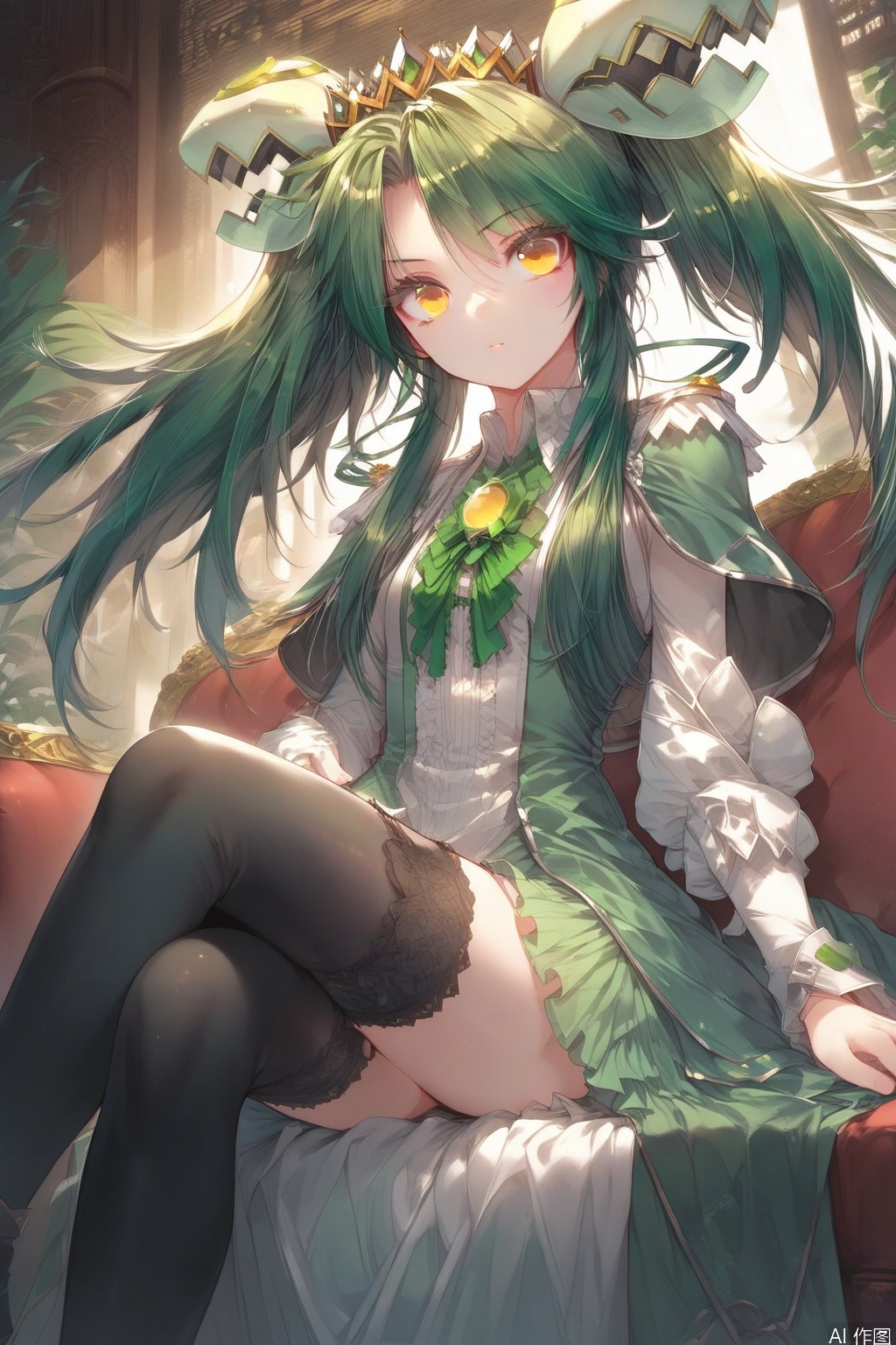 score_9,score_8_up,score_7_up,1girl,solo,long hair,looking at viewer,dress,twintails,yellow eyes,green hair,black thighhighs,indoors,tiara,sitting,crossed legs