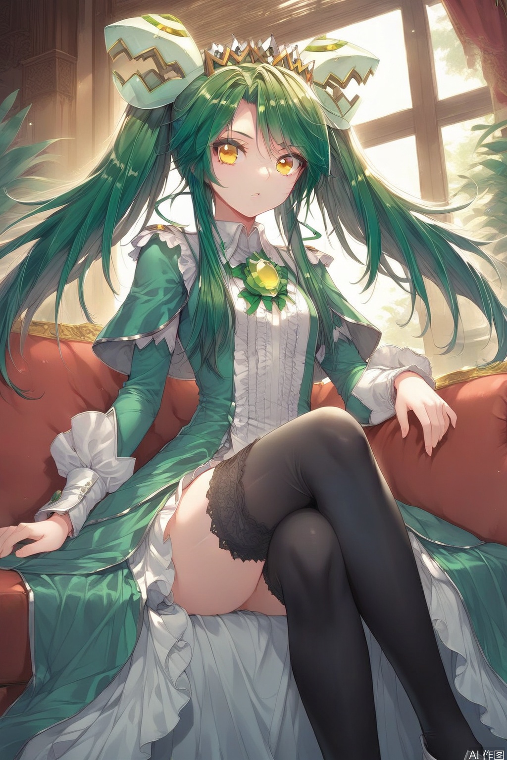 score_9,score_8_up,score_7_up,1girl,solo,long hair,looking at viewer,dress,twintails,yellow eyes,green hair,black thighhighs,indoors,tiara,sitting,crossed legs