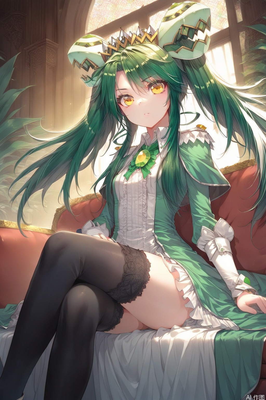 score_9,score_8_up,score_7_up,1girl,solo,long hair,looking at viewer,dress,twintails,yellow eyes,green hair,black thighhighs,indoors,tiara,sitting,crossed legs