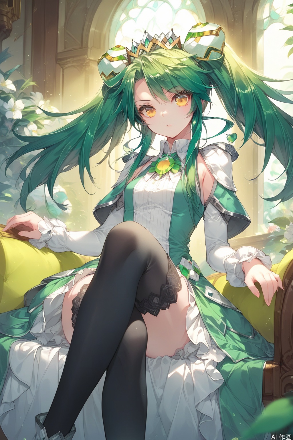 score_9,score_8_up,score_7_up,1girl,solo,long hair,looking at viewer,dress,twintails,yellow eyes,green hair,black thighhighs,indoors,tiara,sitting,crossed legs