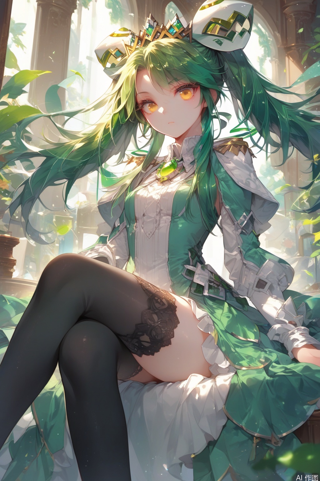 score_9,score_8_up,score_7_up,1girl,solo,long hair,looking at viewer,dress,twintails,yellow eyes,green hair,black thighhighs,indoors,tiara,sitting,crossed legs