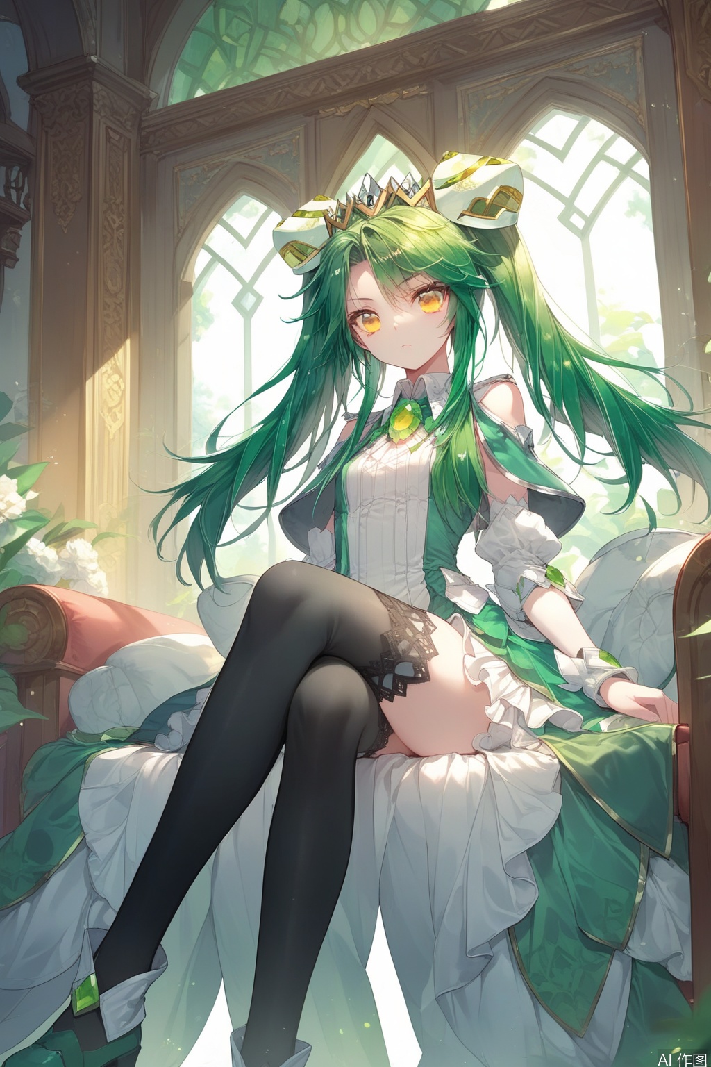 score_9,score_8_up,score_7_up,1girl,solo,long hair,looking at viewer,dress,twintails,yellow eyes,green hair,black thighhighs,indoors,tiara,sitting,crossed legs