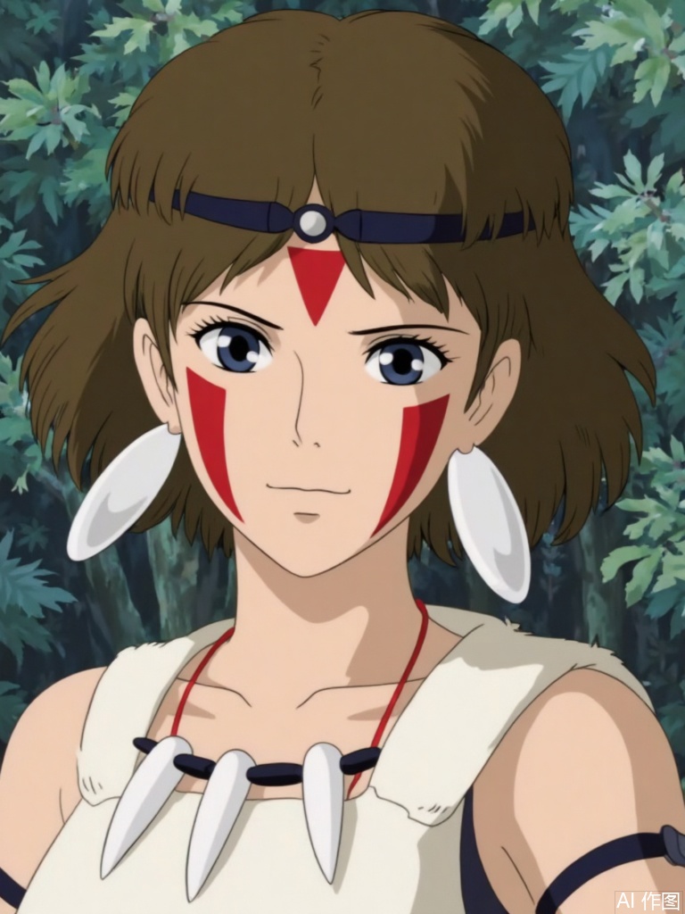 1girl, solo, looking at viewer, short hair, blue eyes, brown hair, jewelry, earrings, necklace, headband, facial mark, facepaint,Hayao Miyazaki style