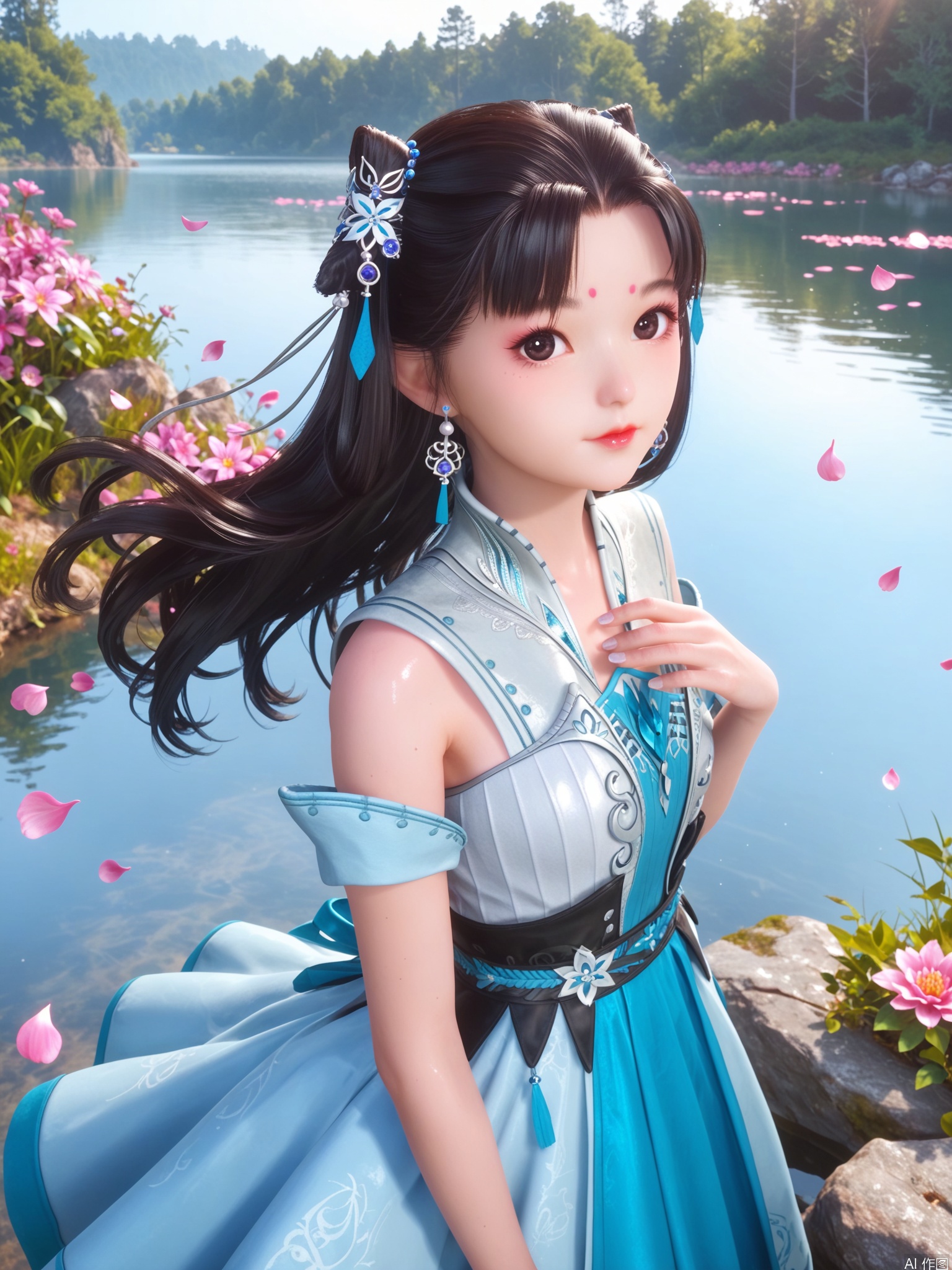 score_9,score_8_up,score_7_up,1girl,looking_at_viewer,realistic,1girl,Vivid Colors,bright environment,sunshine,god light,lake,delicate water surface,hair_ornament,shiny skin,shiny hair,reflection,(wariza:1.2),dress,jewelry,flower sea,falling petals,extreme detail description,bright sunlight,frontal lighting,(upper body:1),put one hand on your chest,black hair