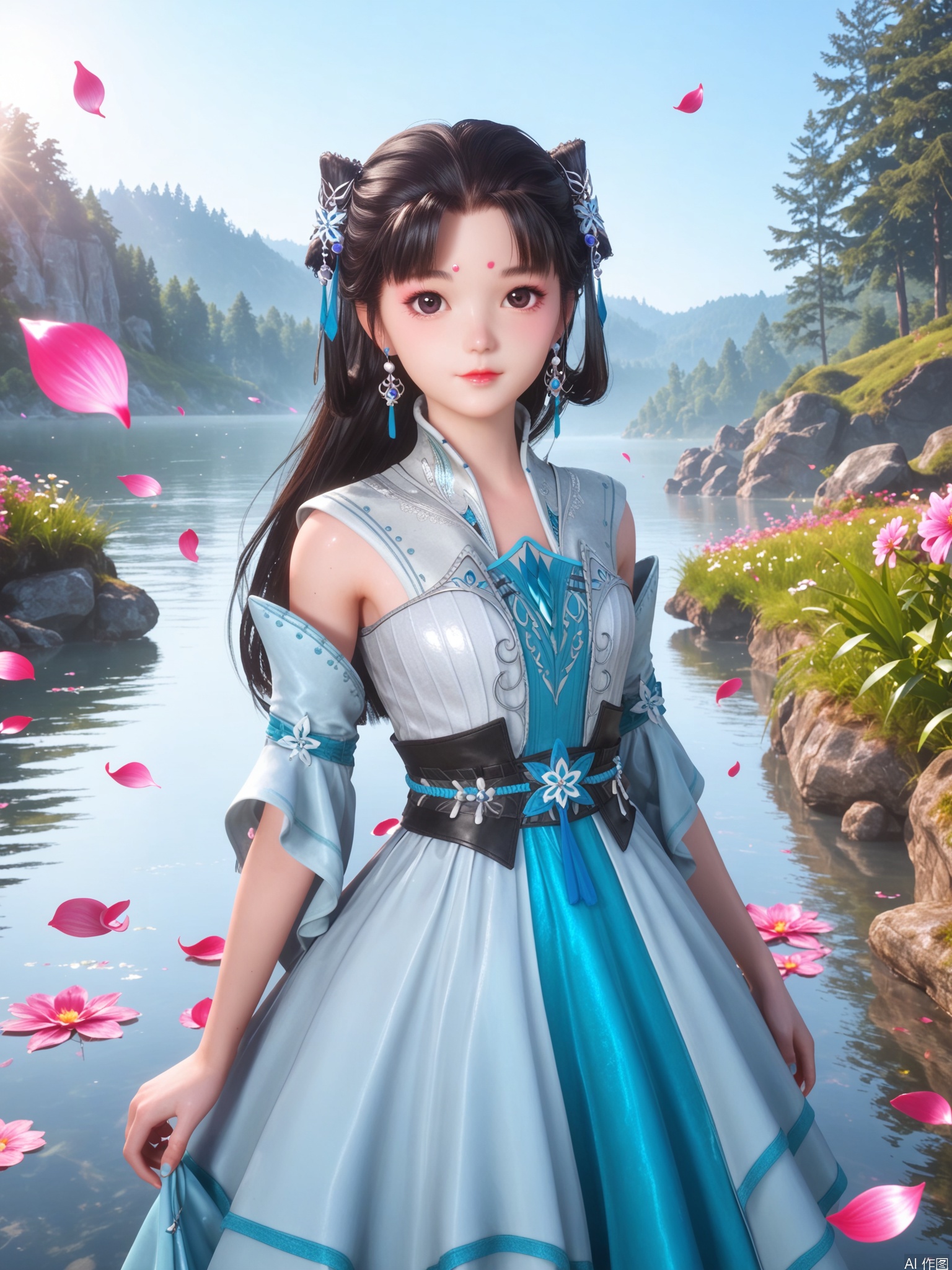 score_9,score_8_up,score_7_up,1girl,looking_at_viewer,realistic,1girl,Vivid Colors,bright environment,sunshine,god light,lake,delicate water surface,hair_ornament,shiny skin,shiny hair,reflection,(wariza:1.2),dress,jewelry,flower sea,falling petals,extreme detail description,bright sunlight,frontal lighting,(upper body:1),put one hand on your chest,black hair