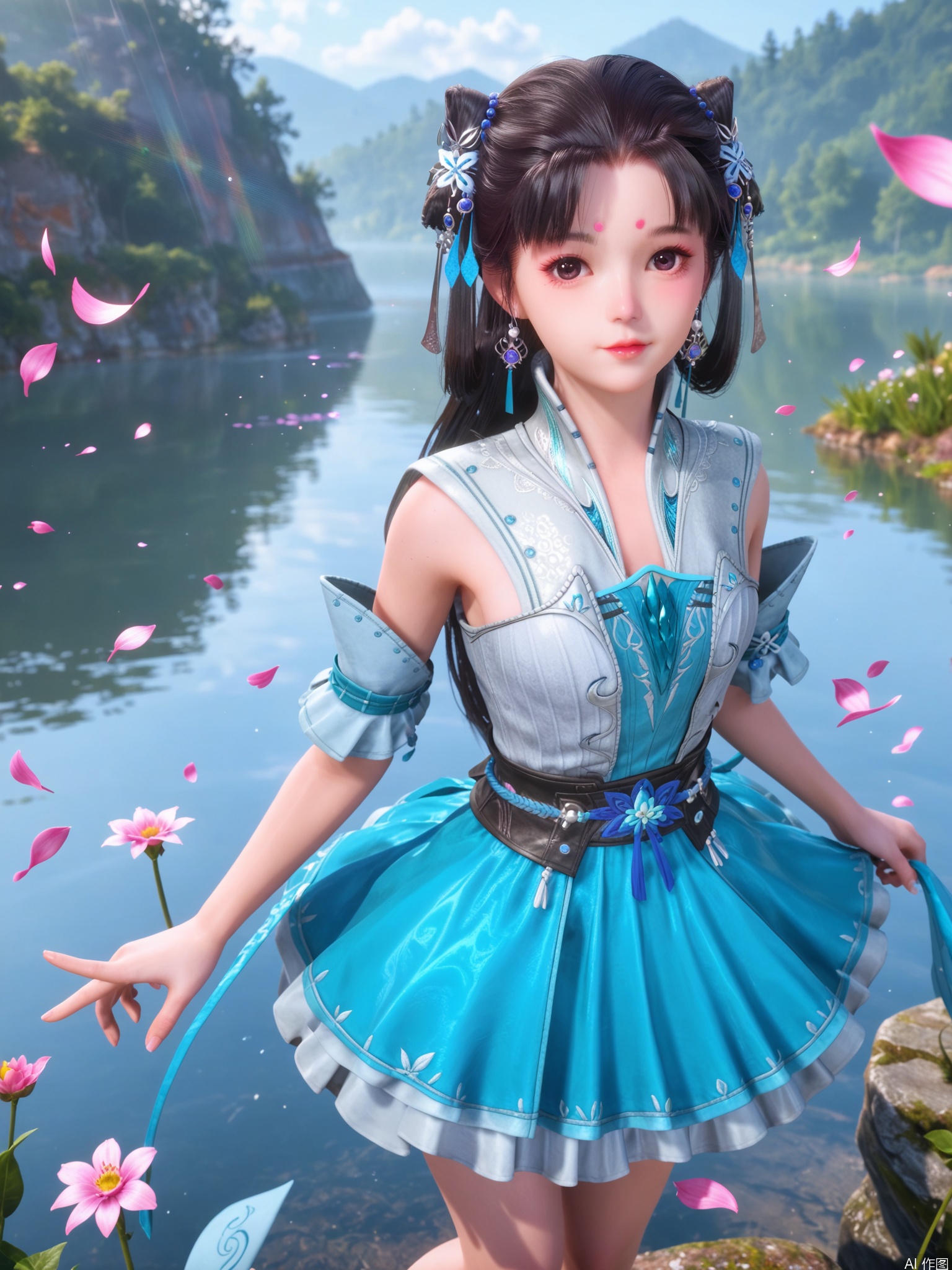 score_9,score_8_up,score_7_up,1girl,looking_at_viewer,realistic,1girl,Vivid Colors,bright environment,sunshine,god light,lake,delicate water surface,hair_ornament,shiny skin,shiny hair,reflection,(wariza:1.2),dress,jewelry,flower sea,falling petals,extreme detail description,bright sunlight,frontal lighting,(upper body:1),put one hand on your chest,black hair