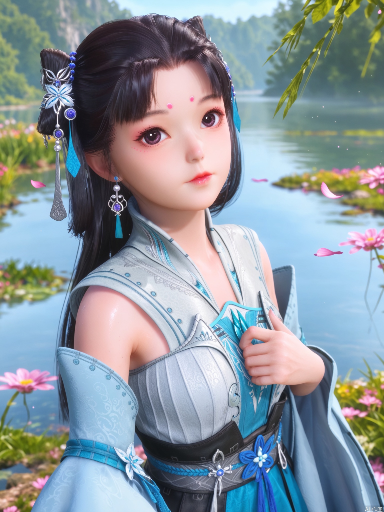 score_9,score_8_up,score_7_up,1girl,looking_at_viewer,realistic,1girl,Vivid Colors,bright environment,sunshine,god light,lake,delicate water surface,hair_ornament,shiny skin,shiny hair,reflection,(wariza:1.2),dress,jewelry,flower sea,falling petals,extreme detail description,bright sunlight,frontal lighting,(upper body:1),put one hand on your chest,black hair
