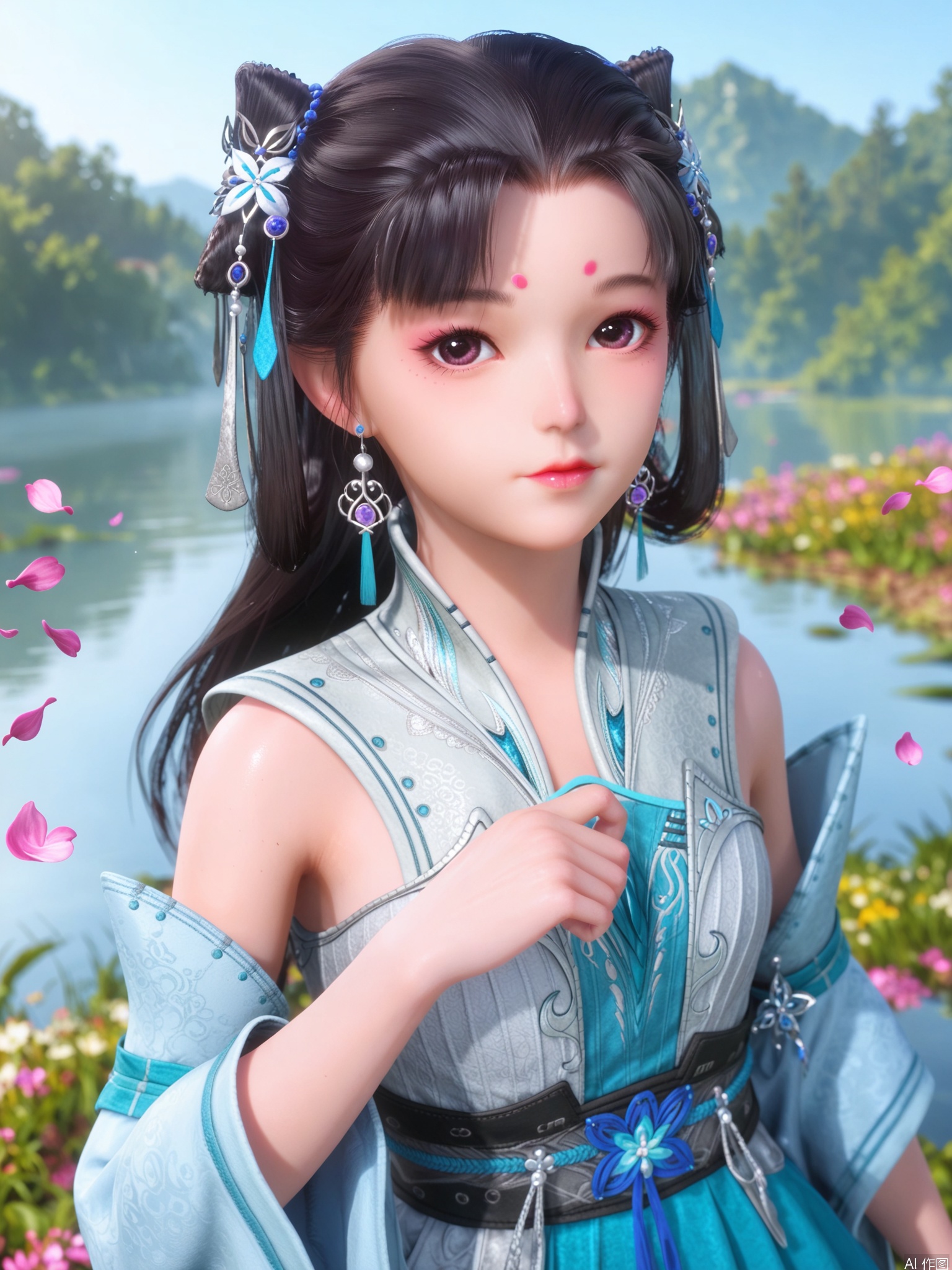 score_9,score_8_up,score_7_up,1girl,looking_at_viewer,realistic,1girl,Vivid Colors,bright environment,sunshine,god light,lake,delicate water surface,hair_ornament,shiny skin,shiny hair,reflection,(wariza:1.2),dress,jewelry,flower sea,falling petals,extreme detail description,bright sunlight,frontal lighting,(upper body:1),put one hand on your chest,black hair