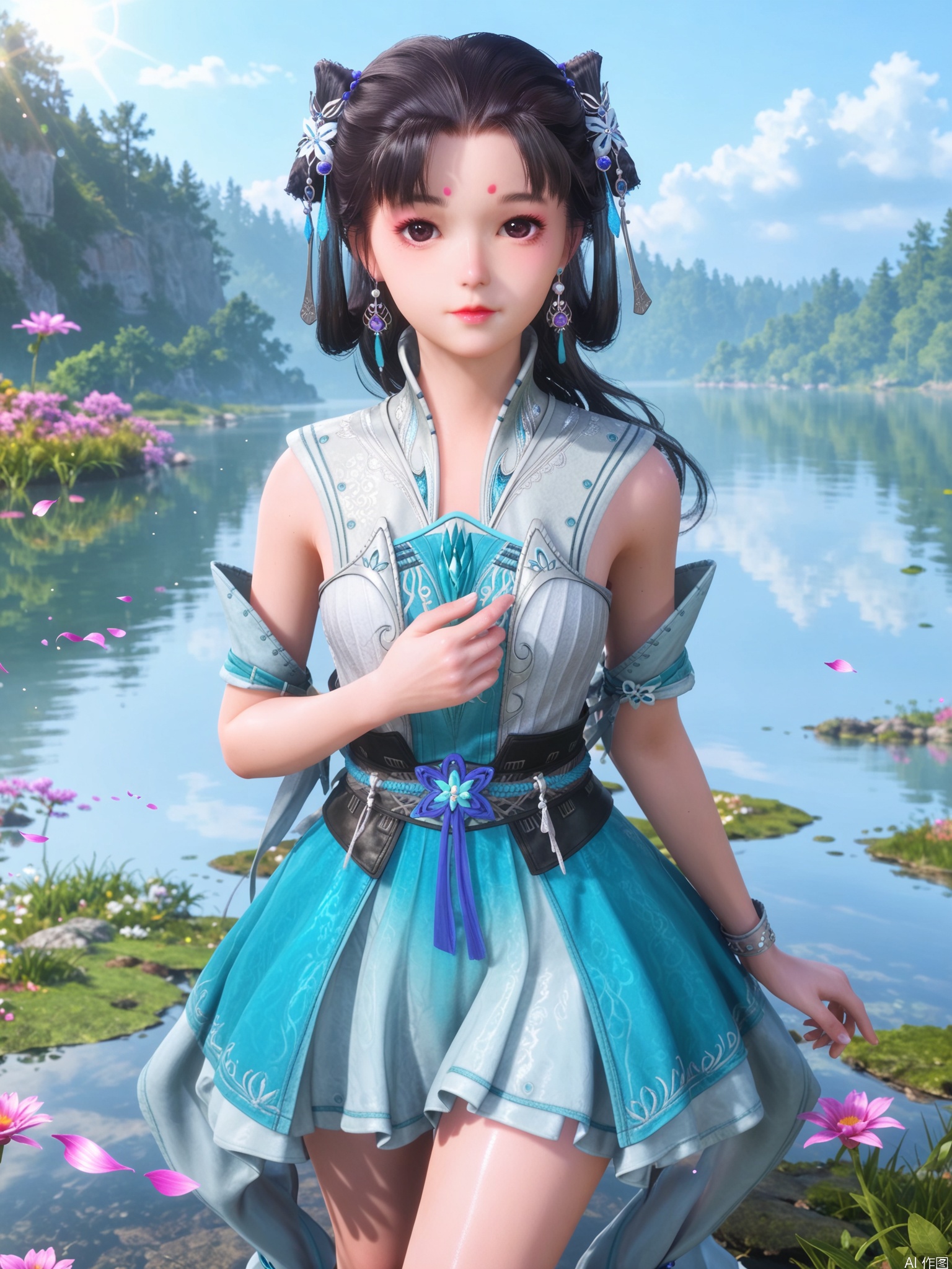 score_9,score_8_up,score_7_up,1girl,looking_at_viewer,realistic,1girl,Vivid Colors,bright environment,sunshine,god light,lake,delicate water surface,hair_ornament,shiny skin,shiny hair,reflection,(wariza:1.2),dress,jewelry,flower sea,falling petals,extreme detail description,bright sunlight,frontal lighting,(upper body:1),put one hand on your chest,black hair