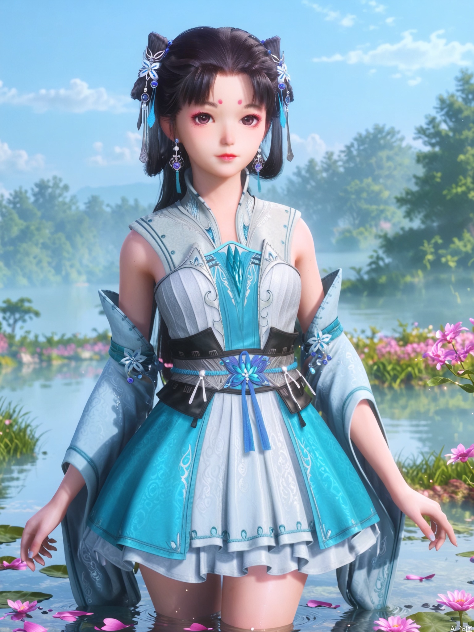 score_9,score_8_up,score_7_up,1girl,looking_at_viewer,realistic,1girl,Vivid Colors,bright environment,sunshine,god light,lake,delicate water surface,hair_ornament,shiny skin,shiny hair,reflection,(wariza:1.2),dress,jewelry,flower sea,falling petals,extreme detail description,bright sunlight,frontal lighting,(upper body:1),put one hand on your chest,black hair