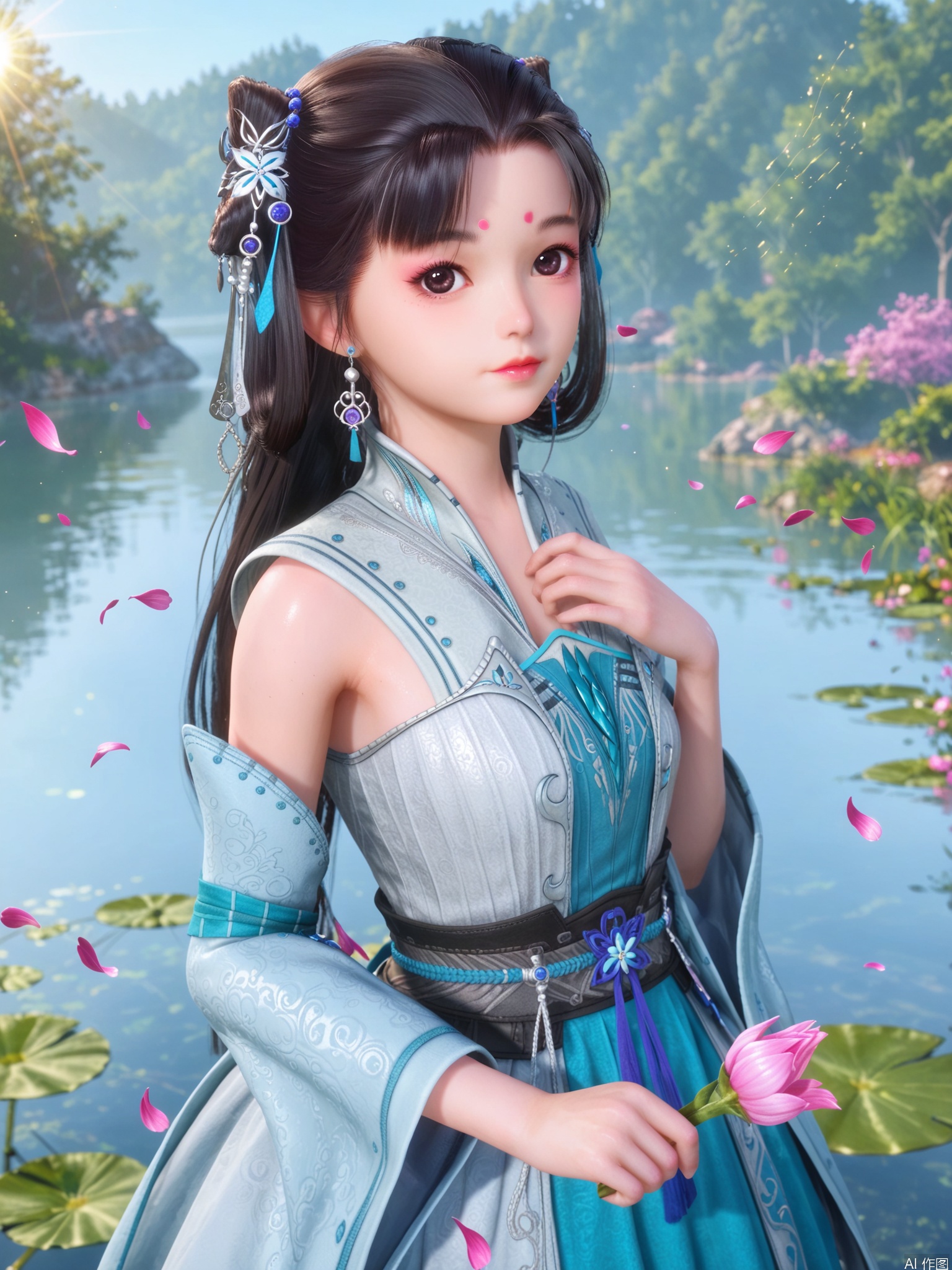 score_9,score_8_up,score_7_up,1girl,looking_at_viewer,realistic,1girl,Vivid Colors,bright environment,sunshine,god light,lake,delicate water surface,hair_ornament,shiny skin,shiny hair,reflection,(wariza:1.2),dress,jewelry,flower sea,falling petals,extreme detail description,bright sunlight,frontal lighting,(upper body:1),put one hand on your chest,black hair