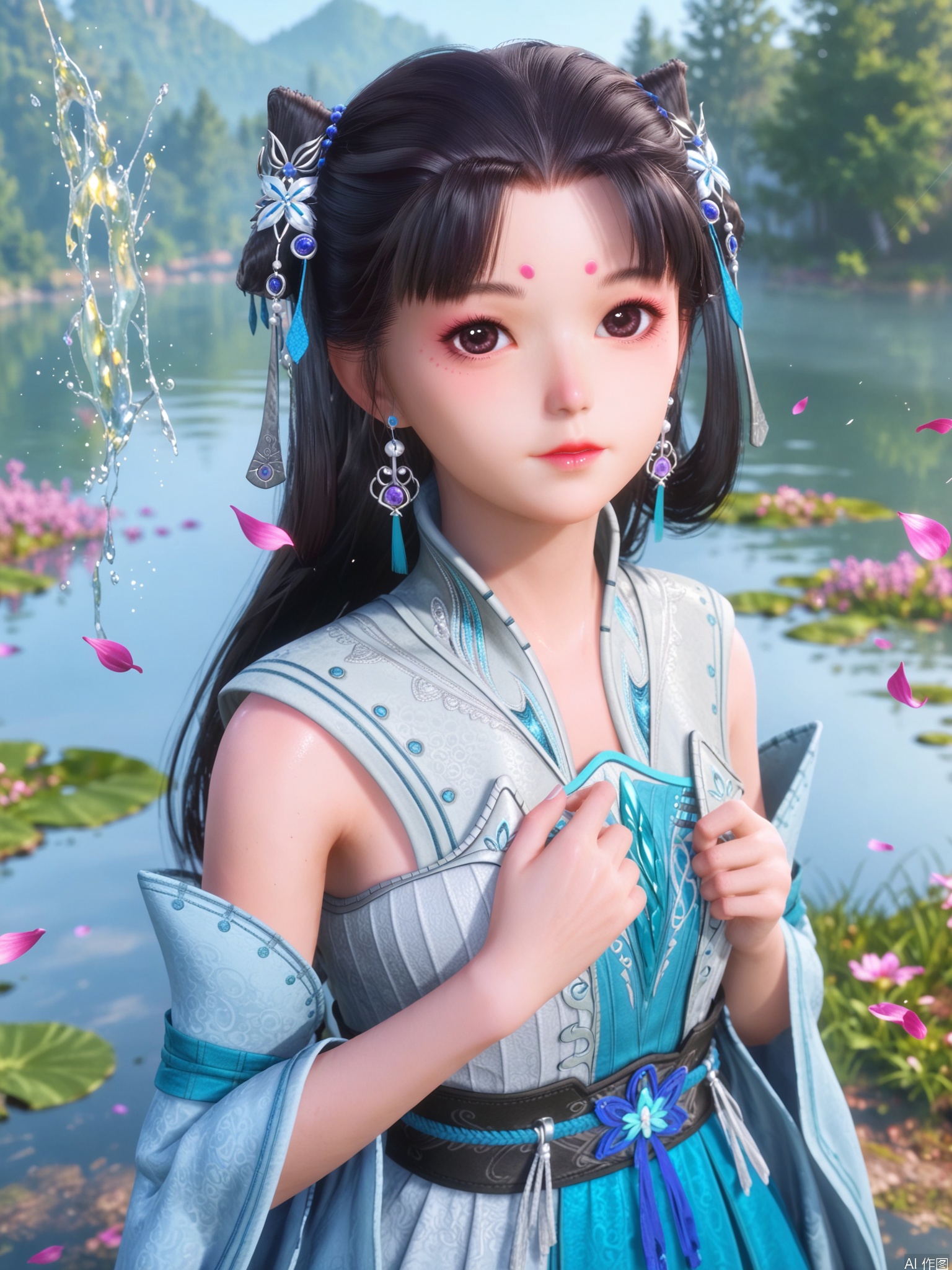score_9,score_8_up,score_7_up,1girl,looking_at_viewer,realistic,1girl,Vivid Colors,bright environment,sunshine,god light,lake,delicate water surface,hair_ornament,shiny skin,shiny hair,reflection,(wariza:1.2),dress,jewelry,flower sea,falling petals,extreme detail description,bright sunlight,frontal lighting,(upper body:1),put one hand on your chest,black hair