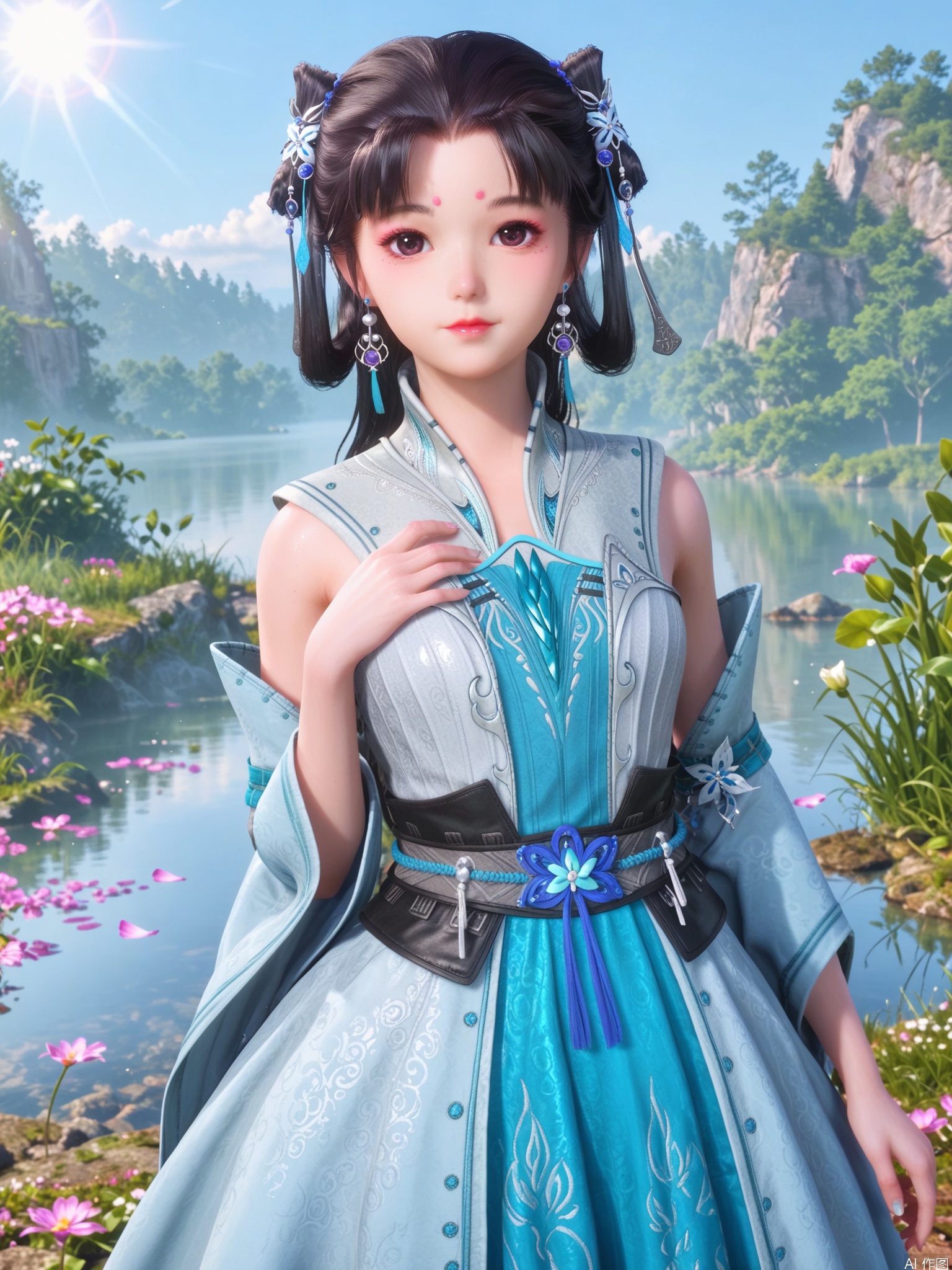 score_9,score_8_up,score_7_up,1girl,looking_at_viewer,realistic,1girl,Vivid Colors,bright environment,sunshine,god light,lake,delicate water surface,hair_ornament,shiny skin,shiny hair,reflection,(wariza:1.2),dress,jewelry,flower sea,falling petals,extreme detail description,bright sunlight,frontal lighting,(upper body:1),put one hand on your chest,black hair