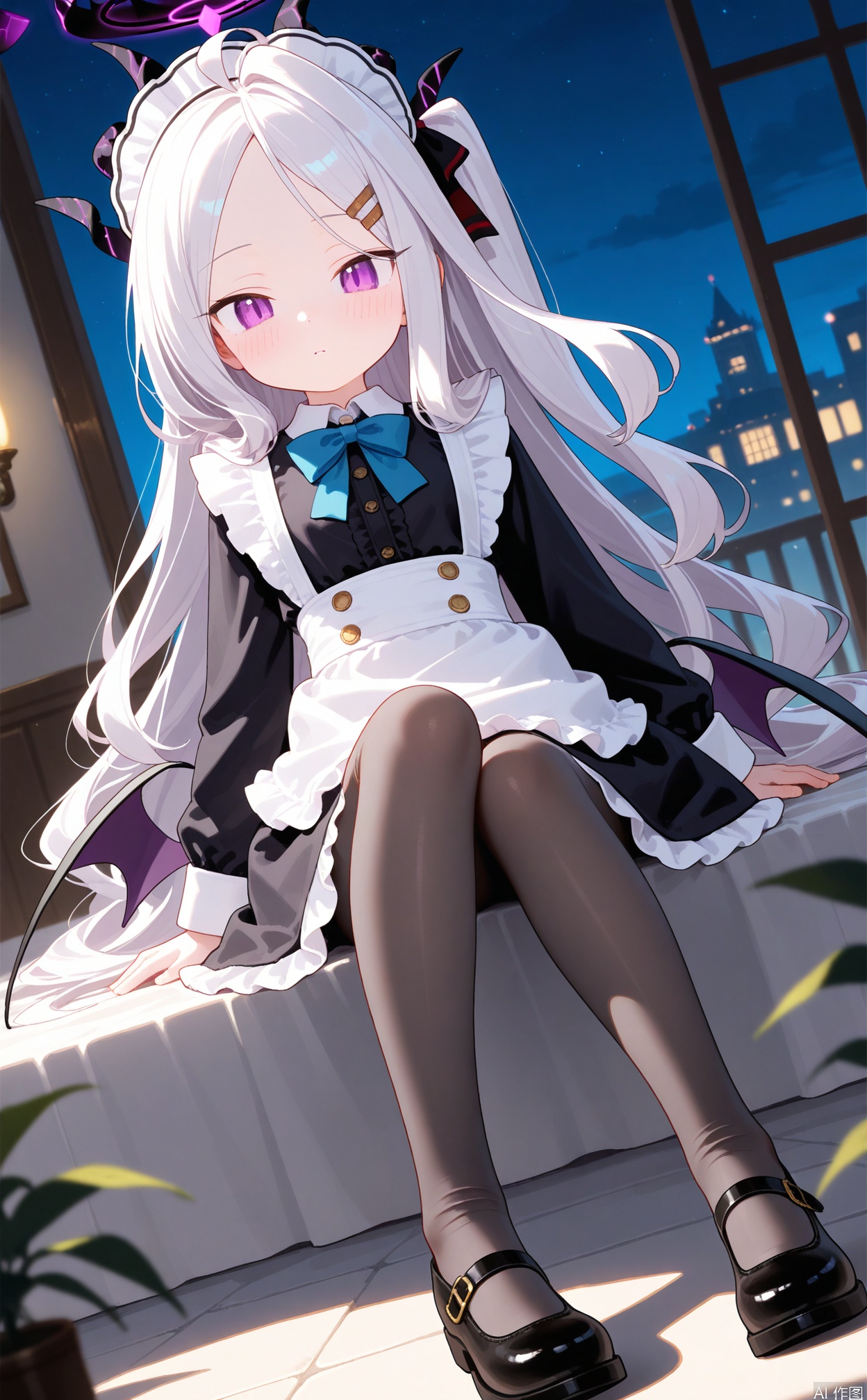masterpiece,very aware,highres,absurdres,newest,best quality,loli,petite,high quality,chromatic_aberration,cinematic_angle,dutch angle,blurry_foreground,cxqsss,
//,
1girl, solo, looking at viewer, long sleeves, dress, bow, sitting, full body, outdoors, frills, shoes, alternate costume, footwear, apron, maid, maid headdress, night, white apron, mary janes, maid apron, enmaided, pantyhose,hina/(/blue archive/)
//,
