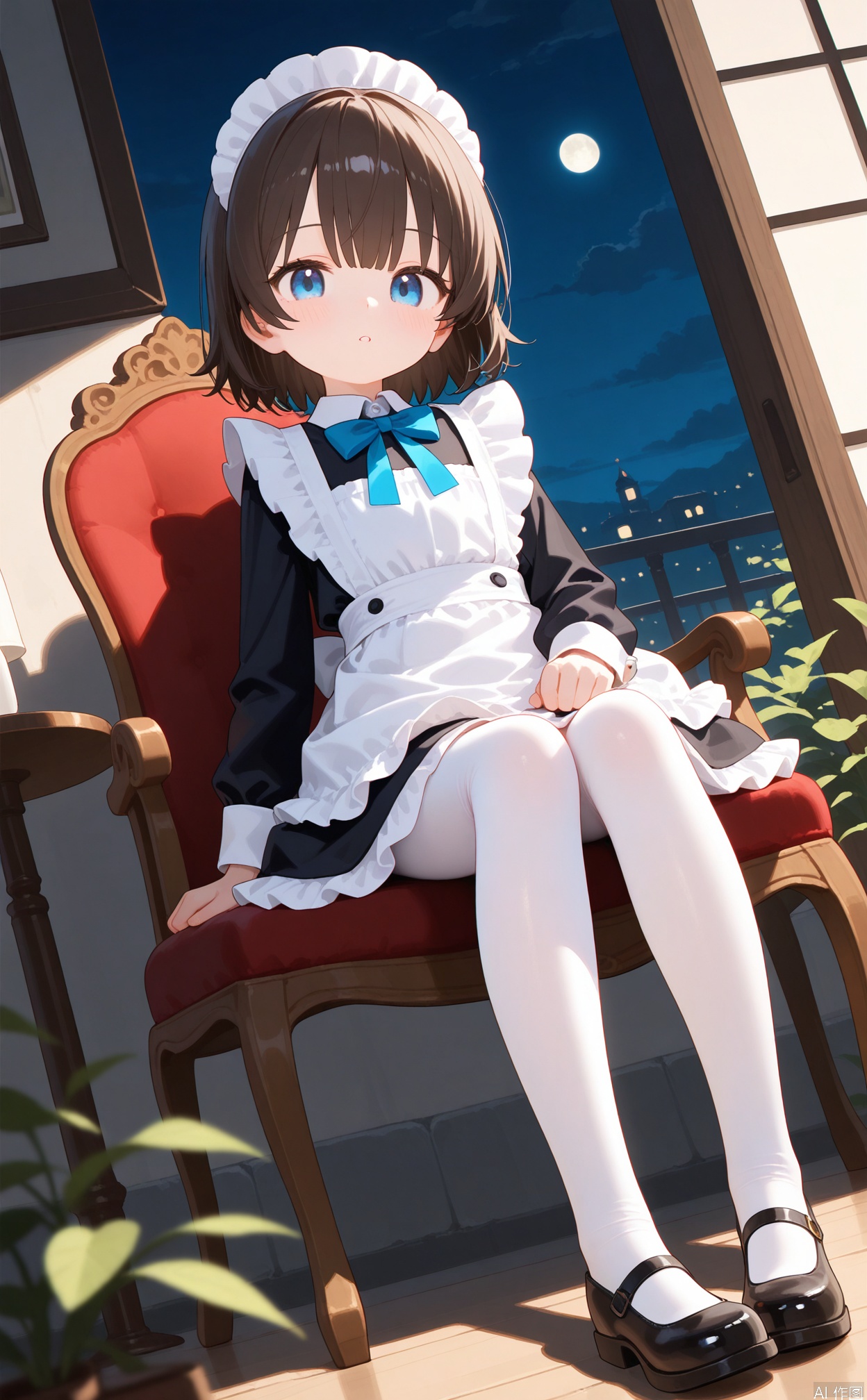 masterpiece,very aware,highres,absurdres,newest,best quality,loli,petite,high quality,chromatic_aberration,cinematic_angle,dutch angle,blurry_foreground,cxqsss,
//,
1girl, solo, looking at viewer, long sleeves, dress, bow, sitting, full body, outdoors, frills, shoes, alternate costume, footwear, apron, maid, maid headdress, night, white apron, mary janes, maid apron, enmaided, pantyhose,
//,

