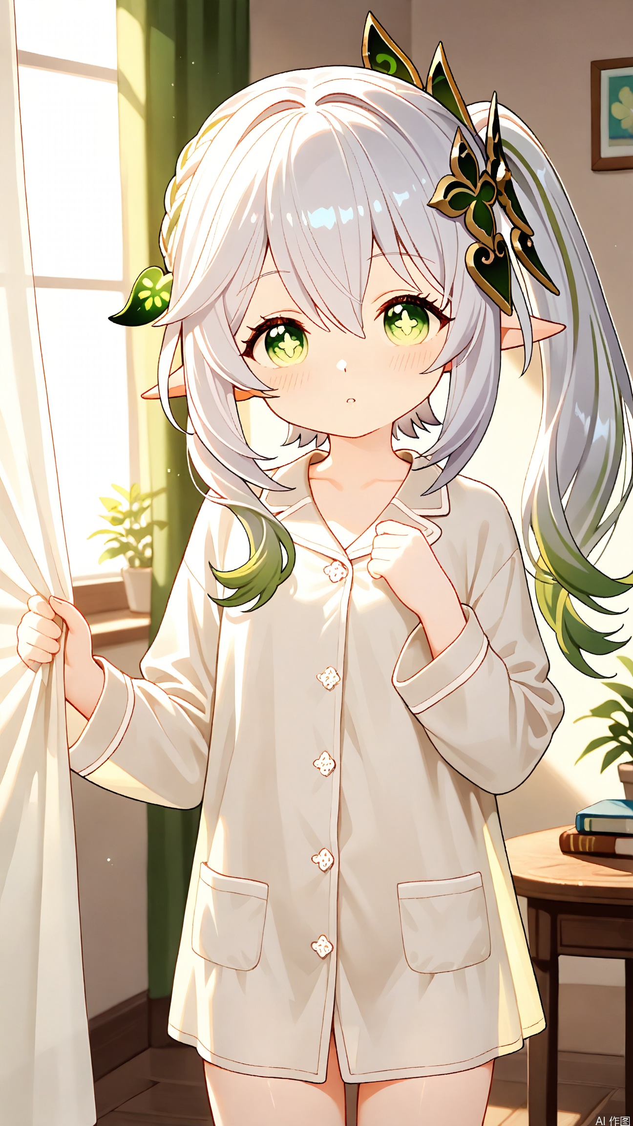 masterpiece, best quality, high quality, extremely detailed CG unity 8k wallpaper, extremely detailed, High Detail, vibrant colors, anime style,

1girl, solo, nahida, nahida \(Genshin Impact\), hair ornament, elf girls,pointy_ears, small breast,green eyes, symbol-shaped pupils, cross-shaped pupils, white hair, green hair, bangs, hair ornament, gradient hair, side tonytail,  bob cut,  fair skin, slim body, hiding behind curtains, looking at viewer, pajamas, long sleeves, holding curtain, window, sunlight, potted plant, table, painting, books, wooden table, morning light, soft lighting,

The soft light filters through the curtains, casting a gentle glow on nahida's face as she peeks out with a curious expression. The scene evokes a sense of warmth and intimacy, capturing a quiet moment of playful observation. The morning sun streams through the window, illuminating the dust motes dancing in the air, creating a serene and peaceful atmosphere in the room.