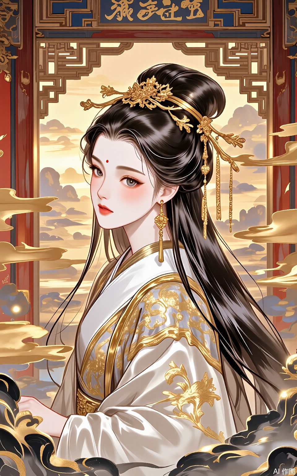 LJCH, Chinese ink - style digital illustration of a noble princess with long, curly black hair, wearing a regal gold - and - white hanfu with a large, elaborate headdress. She is walking in a grand palace corridor, with red pillars and intricate carvings on the walls. The background is a golden - hued sunset through the palace windows, casting a warm glow. Her expression is haughty and confident, her eyes looking straight ahead. The art has a luxurious and majestic feel, with rich ink tones and gold accents on the headdress and pillars.
