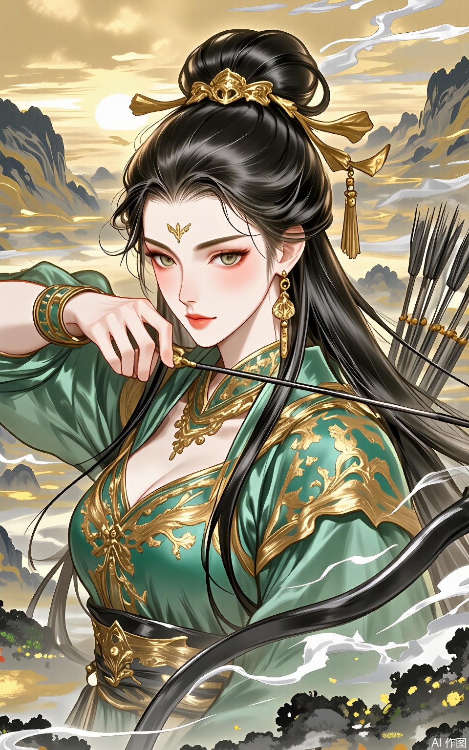 LJCH, Chinese ink - style digital illustration of a noble - born archer with long, tied - back black hair, wearing a green and gold armor with a quiver of arrows on her back. She is standing on a hilltop, aiming her bow at a distant target. The background is a vast grassland with rolling hills and a golden - hued sky at sunrise. Her expression is focused and determined, her eyes fixed on the target. The illustration has a heroic and adventurous feel, with bold ink lines and gold accents on the armor.
