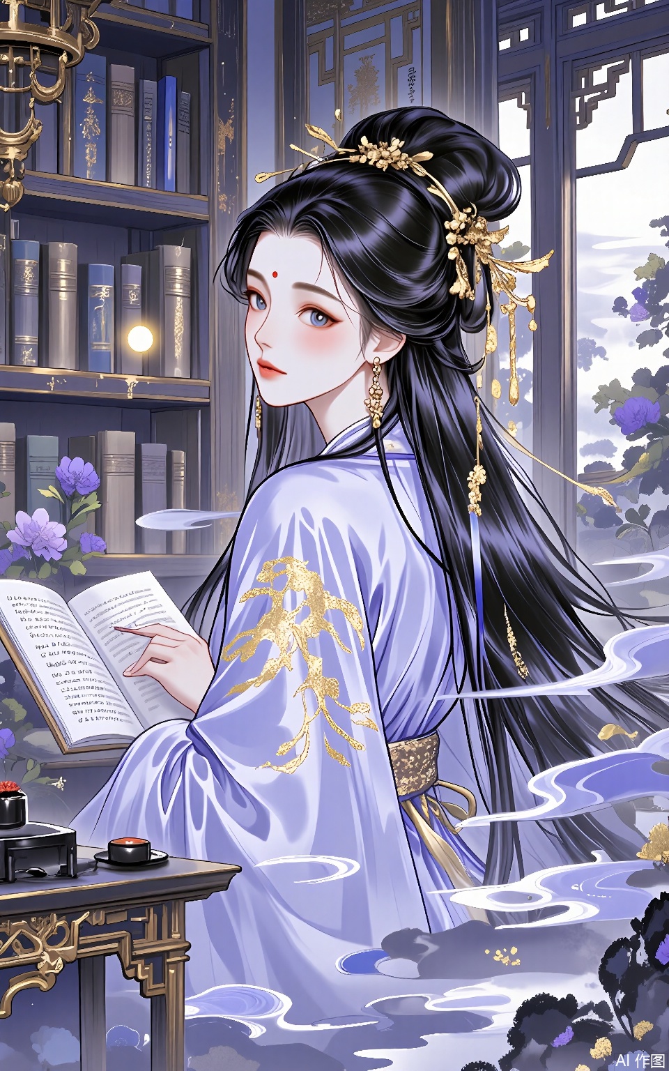 LJCH, Chinese ink - style digital illustration of a dreamy poetess with long, loose black hair, wearing a lavender silk robe with gold embroidery of clouds. She is sitting by a window, looking out at a moonlit garden. The background is a soft - lit room with bookshelves filled with ancient scrolls and a desk with an inkstone and brush. Her expression is thoughtful and inspired, as if she is about to write a beautiful poem. The art has a romantic and intellectual atmosphere, with light ink washes and gold accents for the cloud embroidery.
