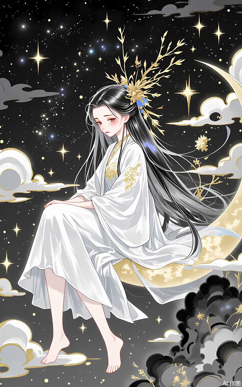 LJCH, Chinese ink - style digital illustration of a lonely fairy with long, iridescent black hair, wearing a transparent gauzy dress with gold star - like patterns. She is sitting on a moonbeam in the middle of the night sky, surrounded by floating clouds. The background is a vast expanse of stars and galaxies. Her expression is sad and ethereal, as if she is longing for something. The illustration has a dreamy and otherworldly quality, with pale ink colors and gold glows for the star patterns.
