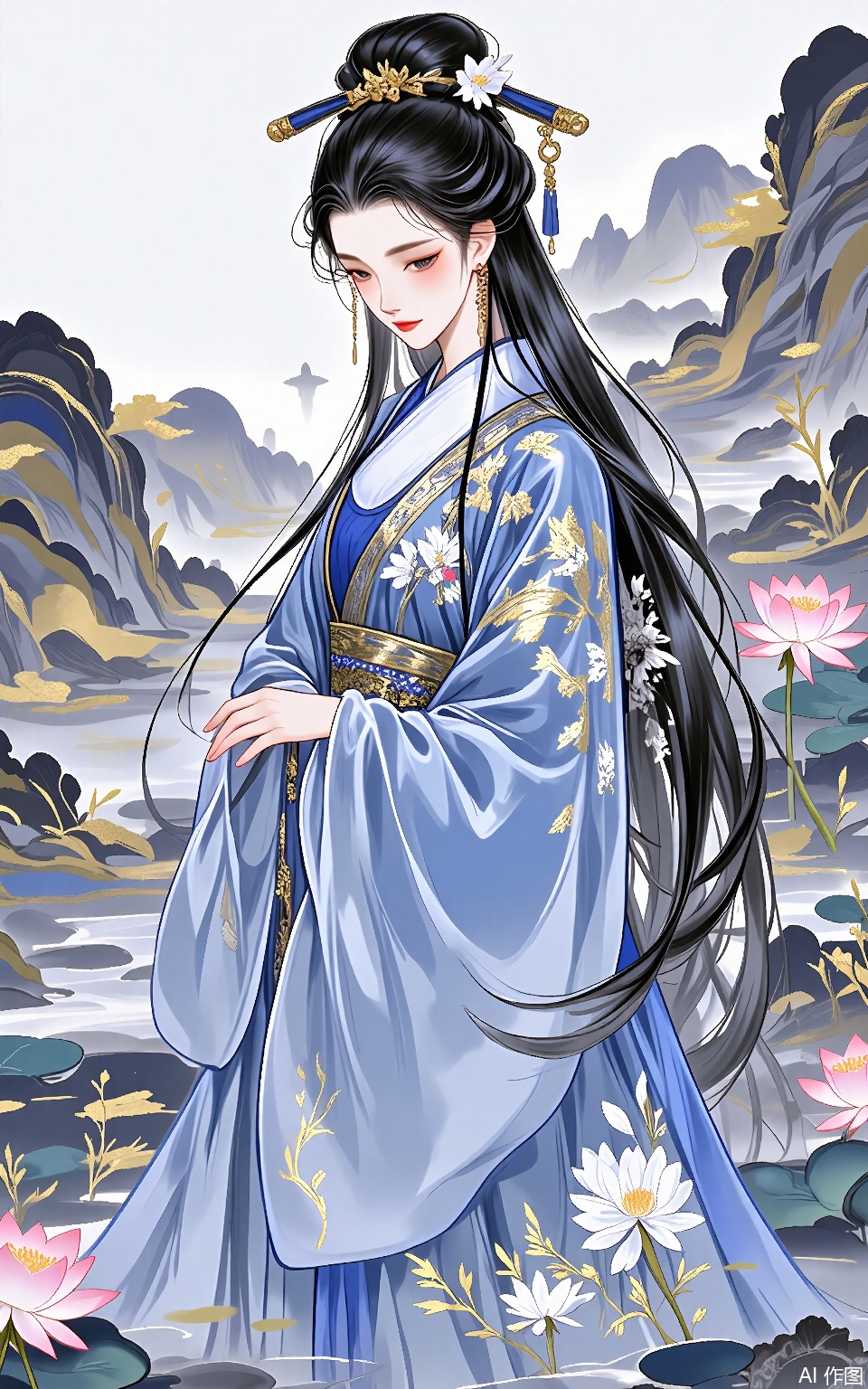 LJCH, Chinese ink - style digital illustration of a graceful ancient beauty with cascading ebony tresses, donning a flowing azure silk gown embellished with silver thread embroidery of peonies. She stands beside a tranquil lotus pond, where pink and white blossoms float on the still water. The background is a misty mountain range with golden hues of the setting sun peeking through the clouds. Her expression is contemplative, her eyes fixed on a distant pagoda. The art has a poetic and serene atmosphere, with soft ink washes and delicate gold accents highlighting the gown's details.

