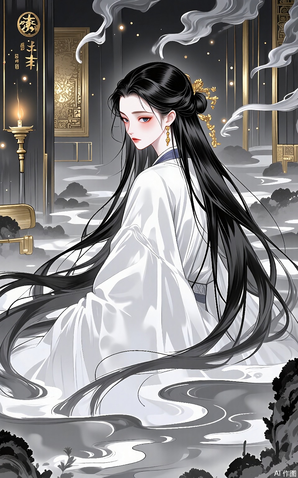 LJCH, Chinese ink - style digital illustration of a lonely ghostly beauty with long, translucent black hair, wearing a tattered white hanfu. She is floating in a desolate ancient tomb, with flickering torches on the walls. The background is a dark and eerie space with a faint golden glow from an unknown source. Her expression is sad and forlorn, as if she is trapped in a world of memories. The illustration has a haunting and melancholic quality, with pale ink washes and gold outlines for the tomb details.
