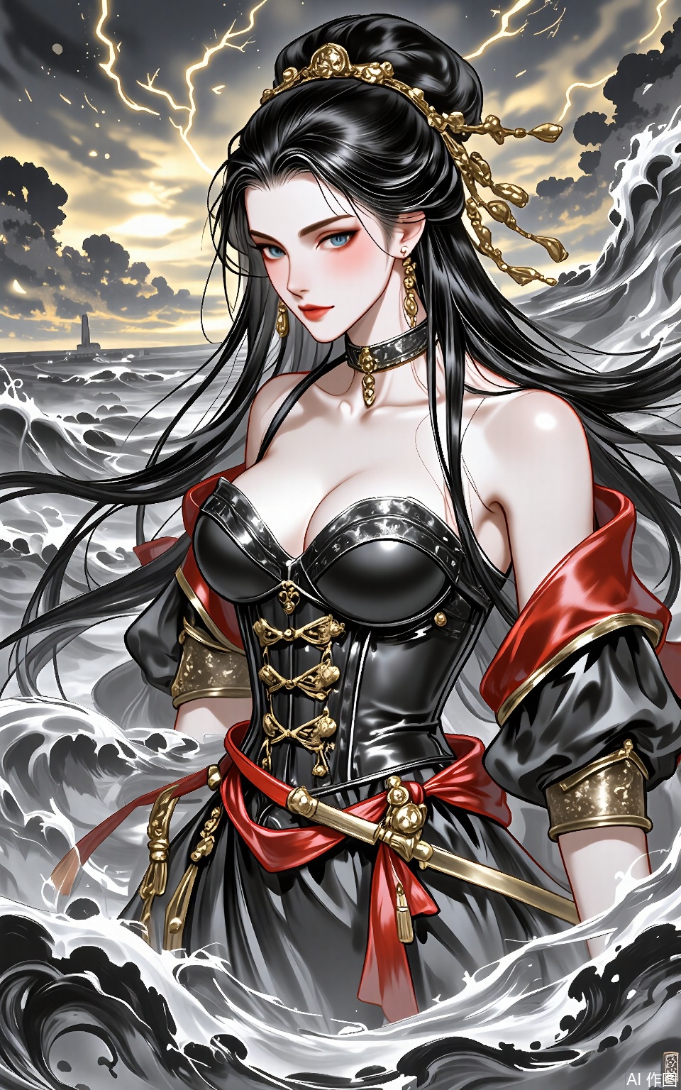 LJCH, Chinese ink - style digital illustration of a brave female pirate with long, wild black hair, wearing a black leather corset with gold buckles and a red sash. She stands on the deck of a pirate ship, with the ocean waves crashing against the sides. The background is a stormy sea with dark clouds and lightning, and a golden sunset on the horizon. Her expression is fierce and adventurous, a cutlass in her hand. The art has a rugged and exciting feel, with bold ink strokes and gold accents on the corset.
