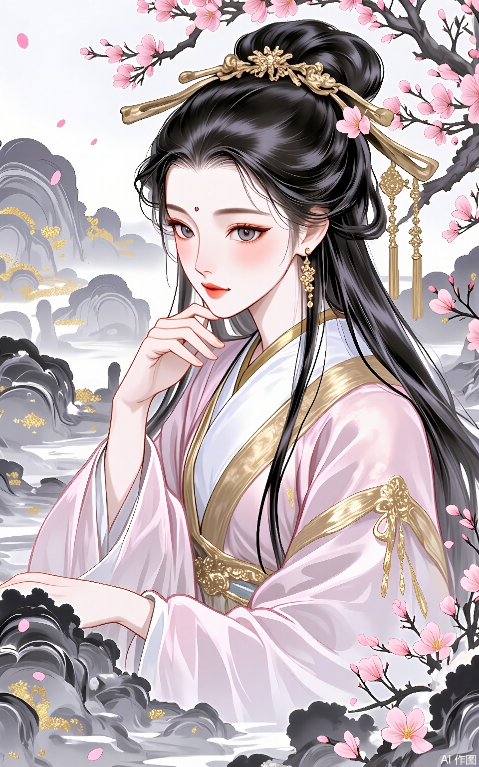 LJCH, Chinese ink - style digital illustration of a demure young lady with silky black hair, wearing a pastel - pink hanfu with gold - trimmed sleeves. She is sitting in a traditional Chinese garden, under a blooming cherry blossom tree. The petals are falling gently around her, and there is a small stone bridge over a stream in the background. Her expression is shy and sweet, as she holds a silk fan in her hand. The art has a romantic and idyllic charm, with soft ink colors and gold specks for the cherry blossoms.
