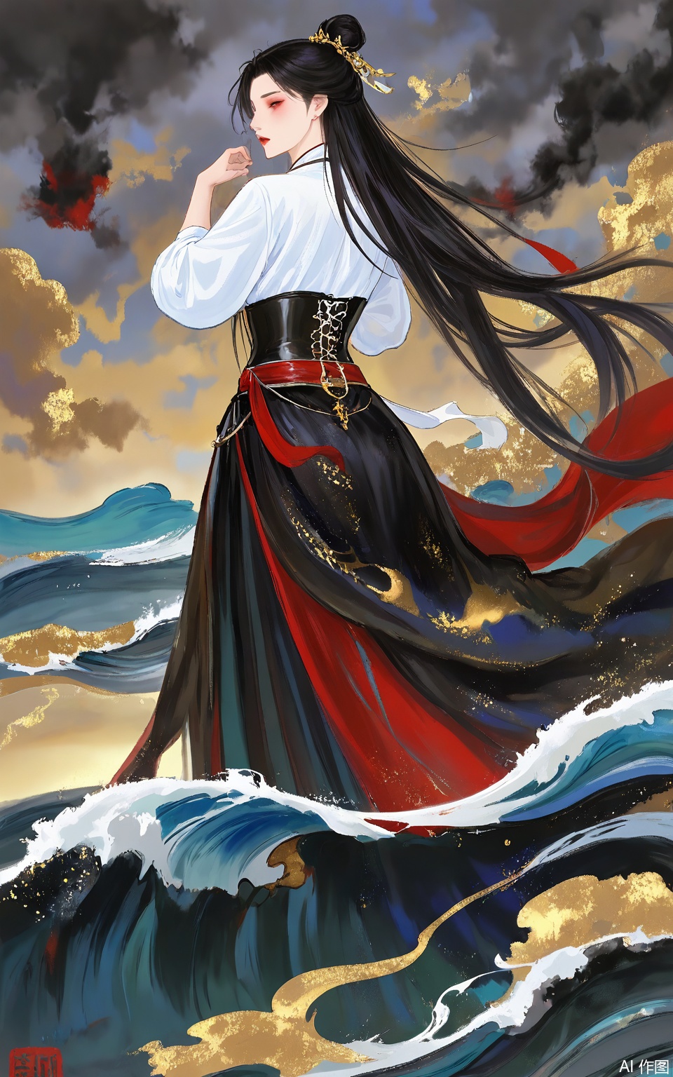 LJCH, Chinese ink - style digital illustration of a brave female pirate with long, wild black hair, wearing a black leather corset with gold buckles and a red sash. She stands on the deck of a pirate ship, with the ocean waves crashing against the sides. The background is a stormy sea with dark clouds and lightning, and a golden sunset on the horizon. Her expression is fierce and adventurous, a cutlass in her hand. The art has a rugged and exciting feel, with bold ink strokes and gold accents on the corset.

