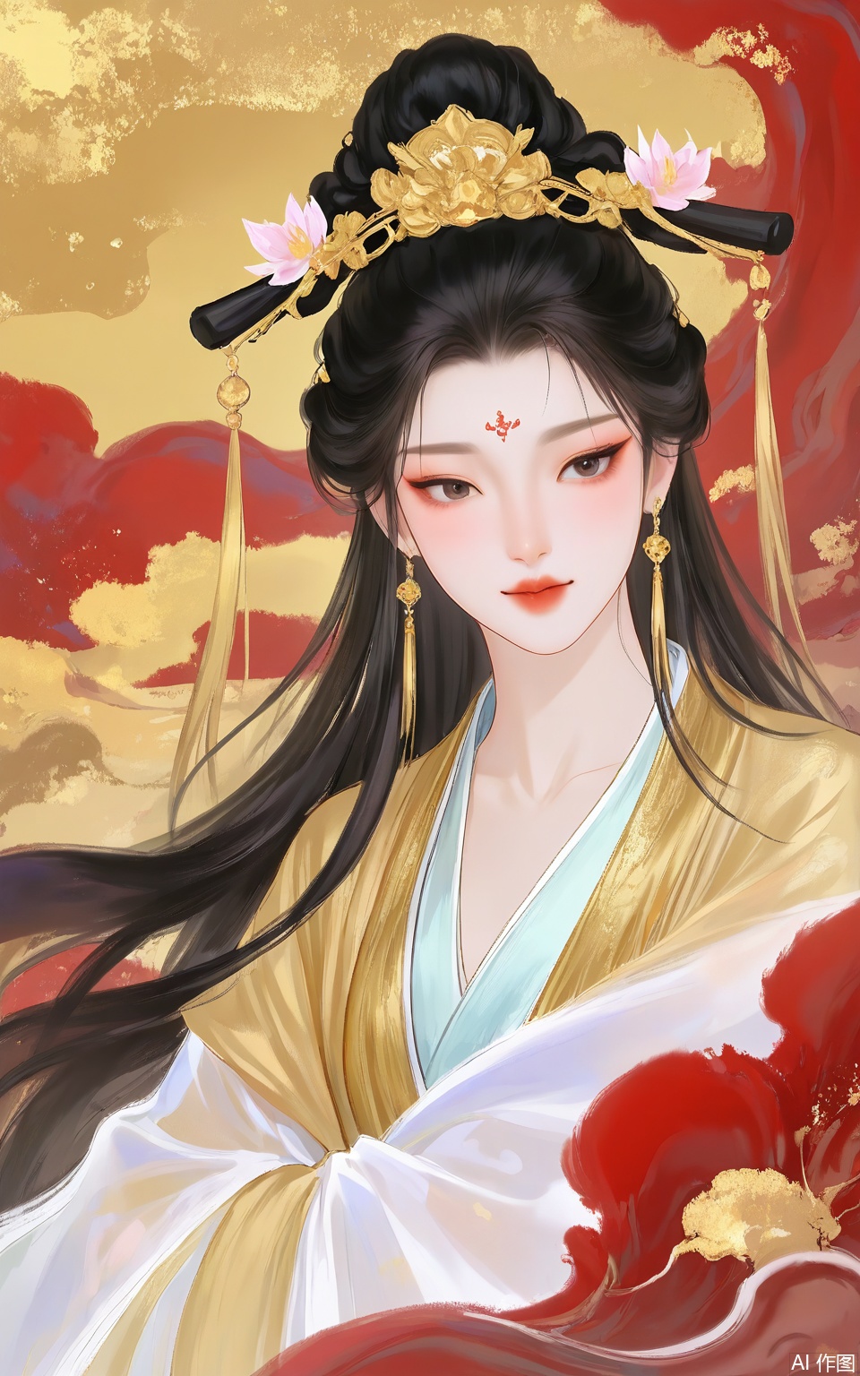 LJCH, Chinese ink - style digital illustration of a noble princess with long, curly black hair, wearing a regal gold - and - white hanfu with a large, elaborate headdress. She is walking in a grand palace corridor, with red pillars and intricate carvings on the walls. The background is a golden - hued sunset through the palace windows, casting a warm glow. Her expression is haughty and confident, her eyes looking straight ahead. The art has a luxurious and majestic feel, with rich ink tones and gold accents on the headdress and pillars.
