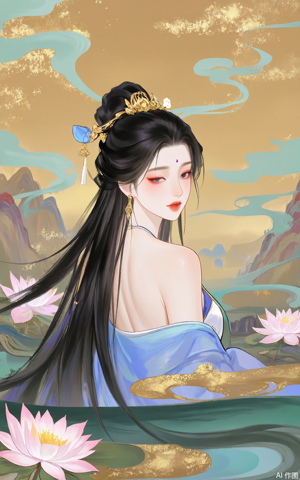 LJCH, Chinese ink - style digital illustration of a graceful ancient beauty with cascading ebony tresses, donning a flowing azure silk gown embellished with silver thread embroidery of peonies. She stands beside a tranquil lotus pond, where pink and white blossoms float on the still water. The background is a misty mountain range with golden hues of the setting sun peeking through the clouds. Her expression is contemplative, her eyes fixed on a distant pagoda. The art has a poetic and serene atmosphere, with soft ink washes and delicate gold accents highlighting the gown's details.
