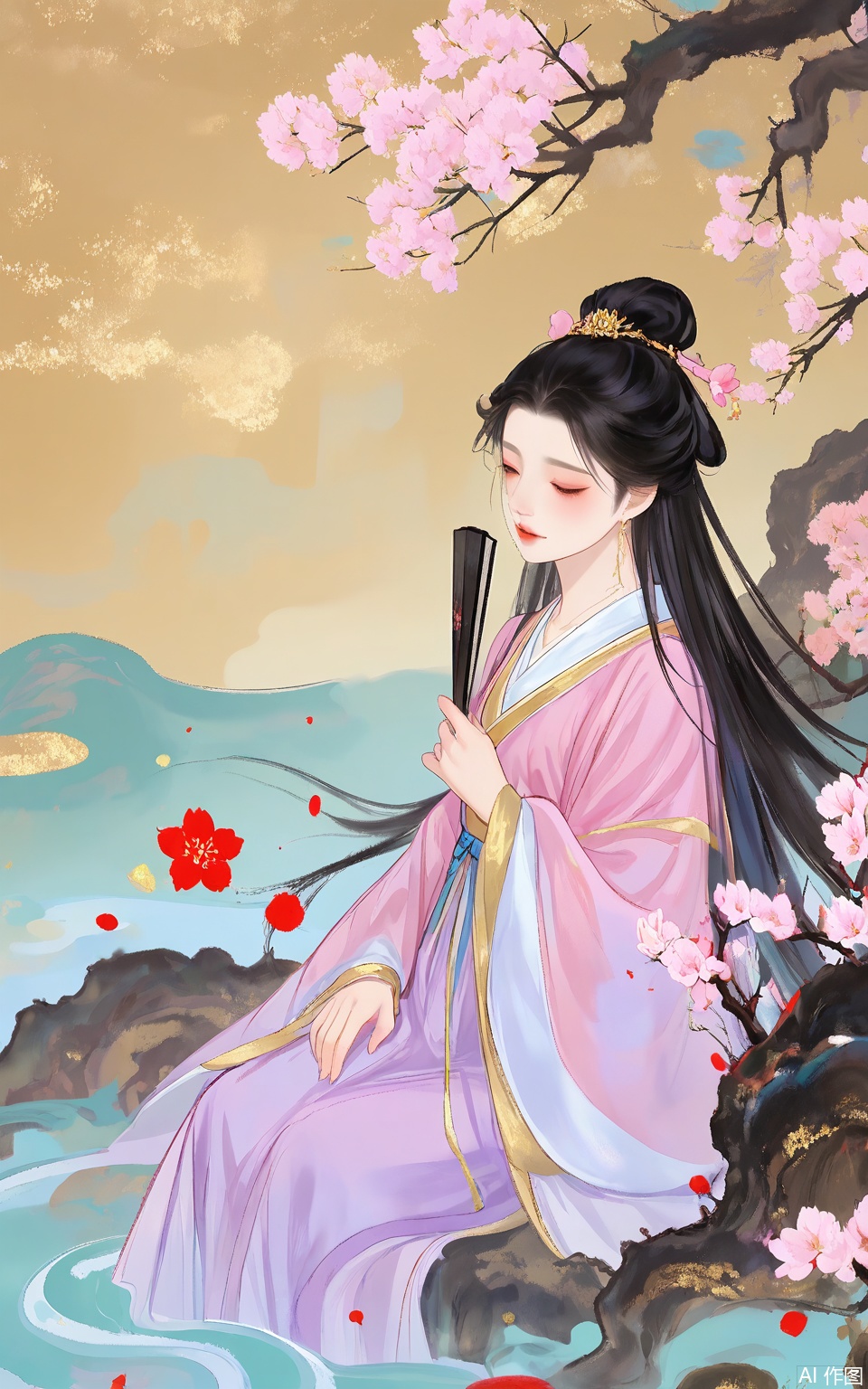 LJCH, Chinese ink - style digital illustration of a demure young lady with silky black hair, wearing a pastel - pink hanfu with gold - trimmed sleeves. She is sitting in a traditional Chinese garden, under a blooming cherry blossom tree. The petals are falling gently around her, and there is a small stone bridge over a stream in the background. Her expression is shy and sweet, as she holds a silk fan in her hand. The art has a romantic and idyllic charm, with soft ink colors and gold specks for the cherry blossoms.
