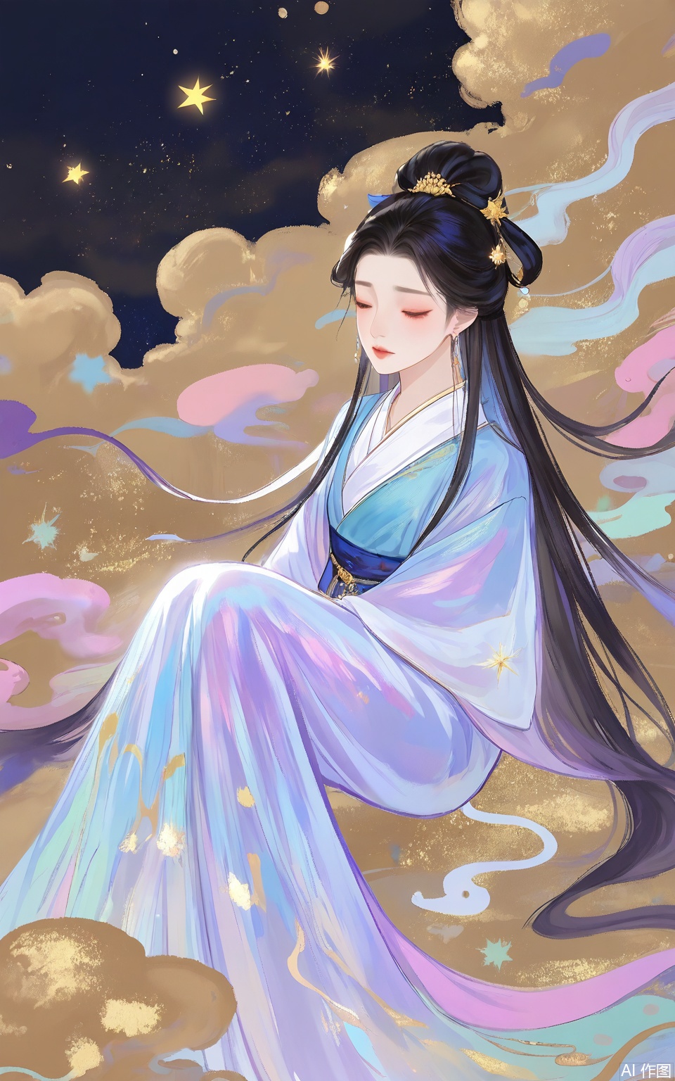 LJCH, Chinese ink - style digital illustration of a lonely fairy with long, iridescent black hair, wearing a transparent gauzy dress with gold star - like patterns. She is sitting on a moonbeam in the middle of the night sky, surrounded by floating clouds. The background is a vast expanse of stars and galaxies. Her expression is sad and ethereal, as if she is longing for something. The illustration has a dreamy and otherworldly quality, with pale ink colors and gold glows for the star patterns.
