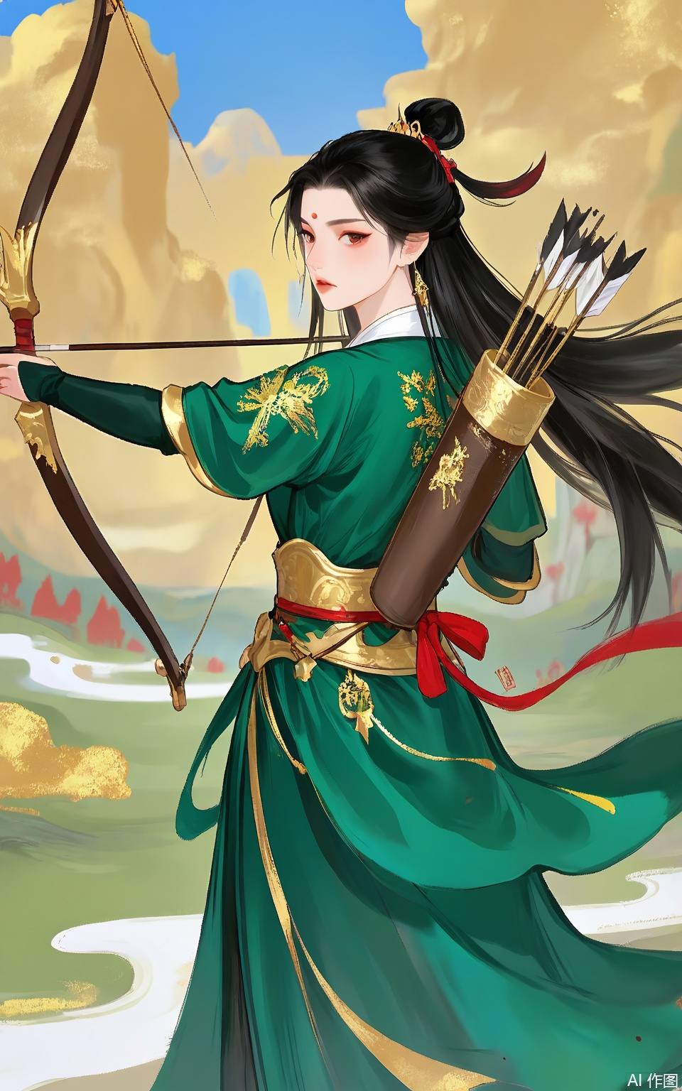 LJCH, Chinese ink - style digital illustration of a noble - born archer with long, tied - back black hair, wearing a green and gold armor with a quiver of arrows on her back. She is standing on a hilltop, aiming her bow at a distant target. The background is a vast grassland with rolling hills and a golden - hued sky at sunrise. Her expression is focused and determined, her eyes fixed on the target. The illustration has a heroic and adventurous feel, with bold ink lines and gold accents on the armor.
