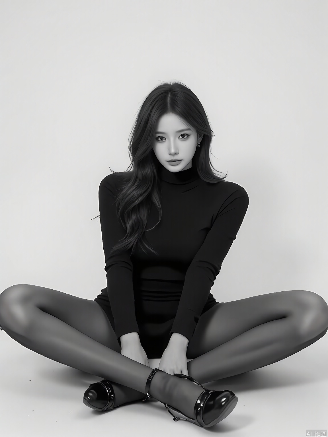 KDF, A black and white photograph of a young woman with long, wavy hair, sitting cross-legged on the floor. She is wearing a tight, long-sleeved black turtleneck dress and sheer black pantyhose. Her feet are adorned with shiny black high-heeled shoes. She has a serious expression and is looking directly at the camera. The background is a plain, light-colored wall, with no other objects or decorations visible. The lighting is soft and even, casting gentle shadows. The overall aesthetic is minimalist and elegant.