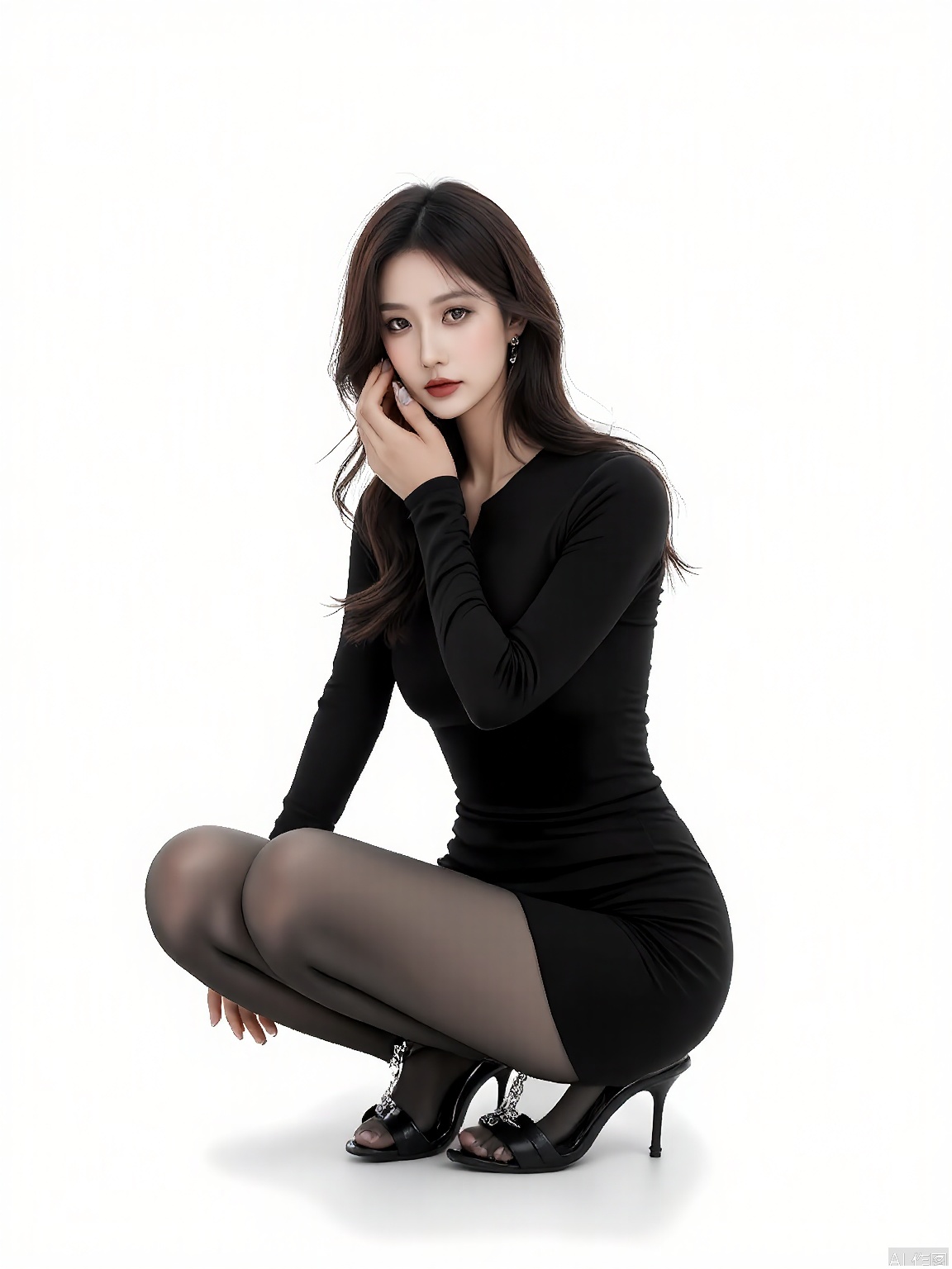 KDF, High-quality photograph of a woman with long, wavy black hair, crouching on one knee, wearing a tight, black, long-sleeved dress that accentuates her curves, and black sheer stockings. She is wearing black high-heeled shoes with ankle straps and a small chain detail. Her makeup is dramatic, with dark lipstick and heavy eyeliner. She has a sultry expression, with her hand touching her face. The background is plain white, making her the focal point. The lighting is soft and even, highlighting her figure. The overall mood is stylish and confident.