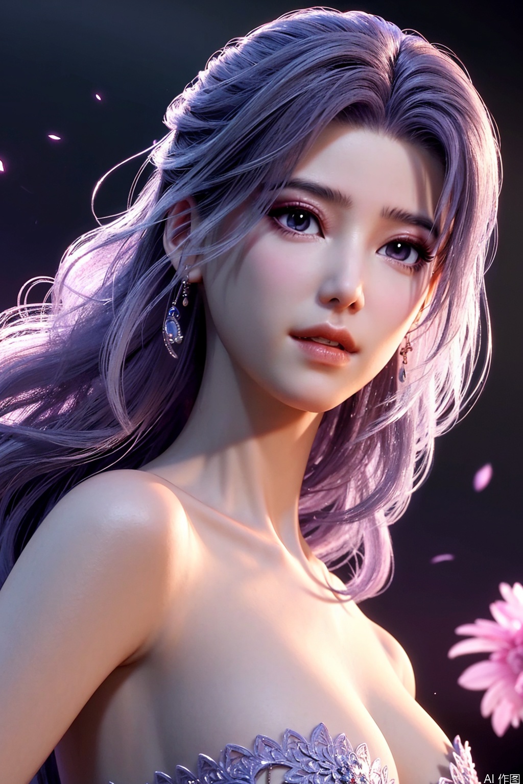 yunxiao,stunning oneesan, photorealistic, 8K UHD, alone, wearing a stunning red lace dress, strapless design, bare shoulders, visible cleavage, alluring dark eyes, looking directly at viewer, long black hair cascading down her back like a waterfall at night, surrounded by a vibrant sea of flowers, soft dreamy lighting, casting dramatic shadows, delicate features, hourglass figure, adorned with sparkling diamond jewelry, exuding enchantment, ethereal setting, happy expression, shallow depth of field, intricate skin texture, dynamic petal details, elegant and romantic aura, cinematic light and shadow layers