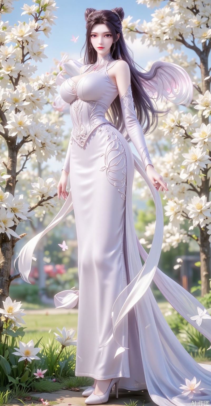 The best quality, ultra-high resolution, masterpiece, original, extremely fine wallpaper, perfect light effect, this is a digital illustration, vertical full-body portrait, densely packed with white flowers, creating a rich and textured background. In the center of the picture, a beautiful Chinese woman is in the white flowers, making her look like she is part of a garden full of flowers. The flowers around her add depth and sense of encirclement to the picture and enhance the layering of the composition. Her stunning white evening gown echoes the purity and elegance of the surrounding flowers. The woman was facing the camera, among the lush flowers, her eyes were charming and quiet. The dense floral background and capture of the woman's whole body highlight the exquisite fusion of human elegance and nature. The long black hair is straight, the picture has blur and halo effects, and butterflies embellish it. She has an angel's beautiful face and a perfect female figure (a skirt composed of flowers, intensity coefficient, translucent body, transparent petals, glowing petals, gradient effect, contour light, particles, award-winning artwork. She has fair skin tone, fine black details and soft and flowing hair carefully combed to complex hair accessories, with gorgeous details. She is in a bright garden with gorgeous flowers, a blue sky, and deep and rich tones.), her head is decorated with exquisite and complex hair accessories, and some tulle fabrics naturally hang down, creating a dreamy feeling, exquisite and unique. The overall look shows the beauty and tenderness of a girl, just like a fairy in a fairy tale, exuding charm. This charming character is portrayed in a surreal style. She has elegant movements, and the overall style of this illustration is extremely delicate, focusing on the combination of realistic and fantasy elements.
