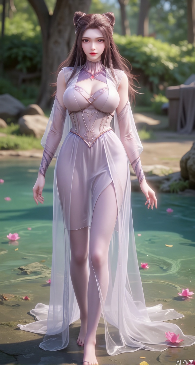 
In a forest filled with dreamlike wonderland style, a graceful woman stands at the center of the scene, her long hair shining like a rainbow, its strands gently swaying in the breeze, radiating soft light. She wears a light gauze, its fabric translucent in the water, revealing her slender silhouette. Her feet rest in a clear pool, dotted with a few rainbow-colored petals, as if complementing her gauze.

Her face is exquisitely beautiful, her skin smooth and flawless like fine porcelain, her eyebrows and eyes painted like a masterpiece, her gaze as dazzling as a rainbow, revealing a hint of mystery and liveliness. Her makeup is subtle, her lips softly colored like pale pink rainbow, her mouth slightly curved, carrying an imperceptible smile.

From the front view, her gauze sways gently in the water, revealing her slender shoulders and arms. Her posture is elegant, her hands gently cupping a handful of water, showcasing a dreamy wonderland beauty. Her demeanor is poised and natural, as if merging with the surrounding dreamlike wonderland forest, radiating a tranquil and beautiful atmosphere.

The entire scene is filled with a dreamlike wonderland意境, with the woman’s bathing scene and the surrounding dreamlike wonderland forest complementing each other, showcasing a mysterious and romantic harmony.