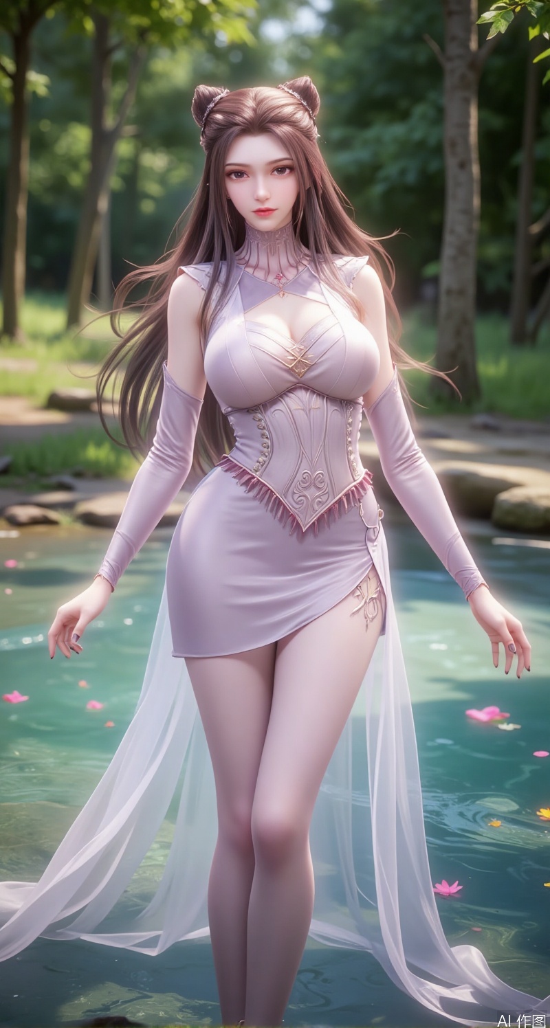 
In a forest filled with dreamlike wonderland style, a graceful woman stands at the center of the scene, her long hair shining like a rainbow, its strands gently swaying in the breeze, radiating soft light. She wears a light gauze, its fabric translucent in the water, revealing her slender silhouette. Her feet rest in a clear pool, dotted with a few rainbow-colored petals, as if complementing her gauze.

Her face is exquisitely beautiful, her skin smooth and flawless like fine porcelain, her eyebrows and eyes painted like a masterpiece, her gaze as dazzling as a rainbow, revealing a hint of mystery and liveliness. Her makeup is subtle, her lips softly colored like pale pink rainbow, her mouth slightly curved, carrying an imperceptible smile.

From the front view, her gauze sways gently in the water, revealing her slender shoulders and arms. Her posture is elegant, her hands gently cupping a handful of water, showcasing a dreamy wonderland beauty. Her demeanor is poised and natural, as if merging with the surrounding dreamlike wonderland forest, radiating a tranquil and beautiful atmosphere.

The entire scene is filled with a dreamlike wonderland意境, with the woman’s bathing scene and the surrounding dreamlike wonderland forest complementing each other, showcasing a mysterious and romantic harmony.